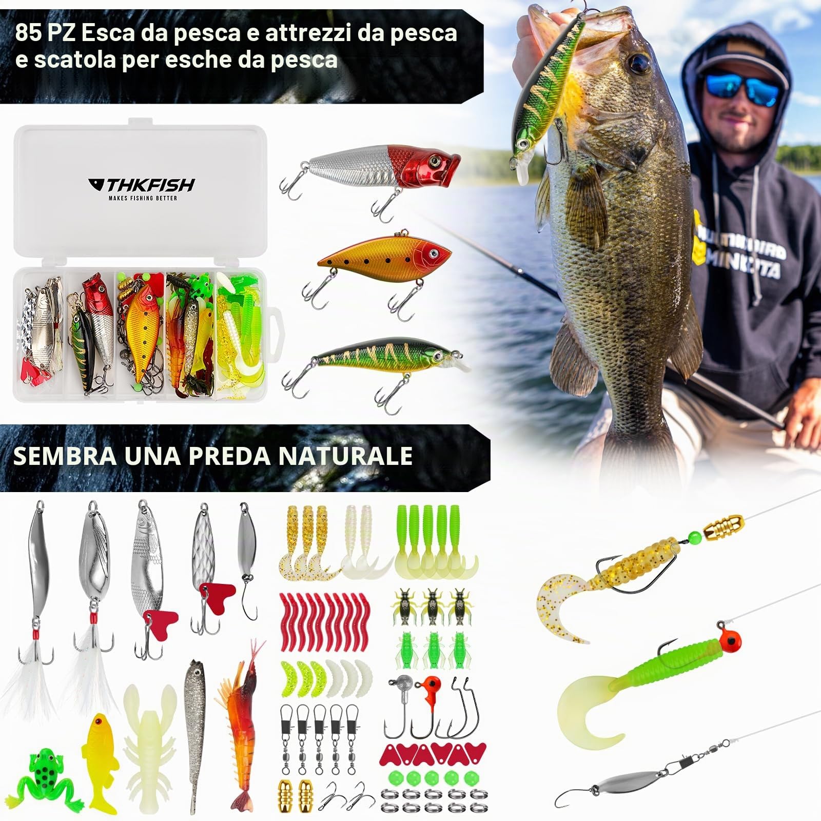 THKFISH Kit di attrezzi da pesca con borsa, pinze, esche, bilancia digitale, 85 pezzi