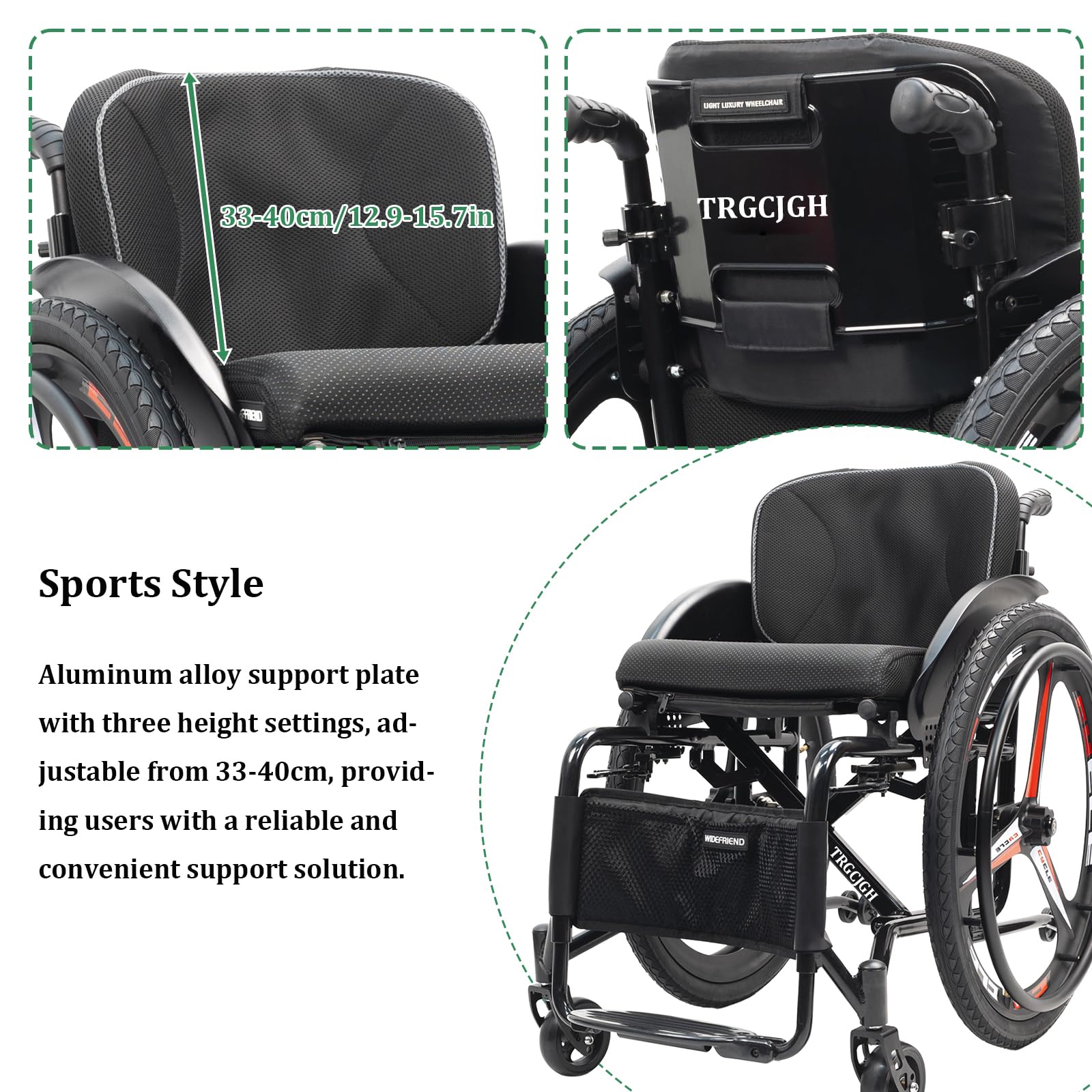 Carrozzina Pieghevole in Alluminio, Autospinta, Ruote antiribaltamento, Freni a Mano, per disabili, Sedia a rotelle Super-Leggera da transito(14.9in Seat Width,Sports Style)