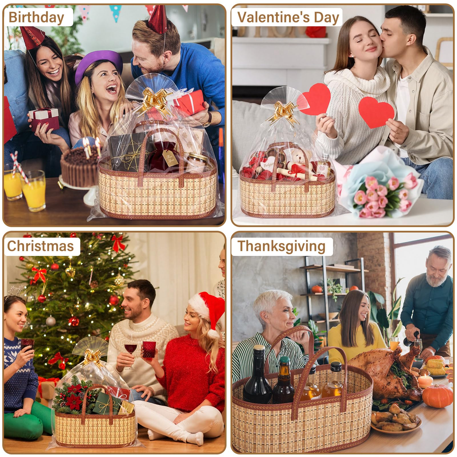 Reallnaive Set di 12 cesti regalo vuoti da riempire grandi cesti in bambù con manici, 40 x 20 x 16 cm, include sacchetti trasparenti e fiocchi per lotteria, baby shower, festa della mamma