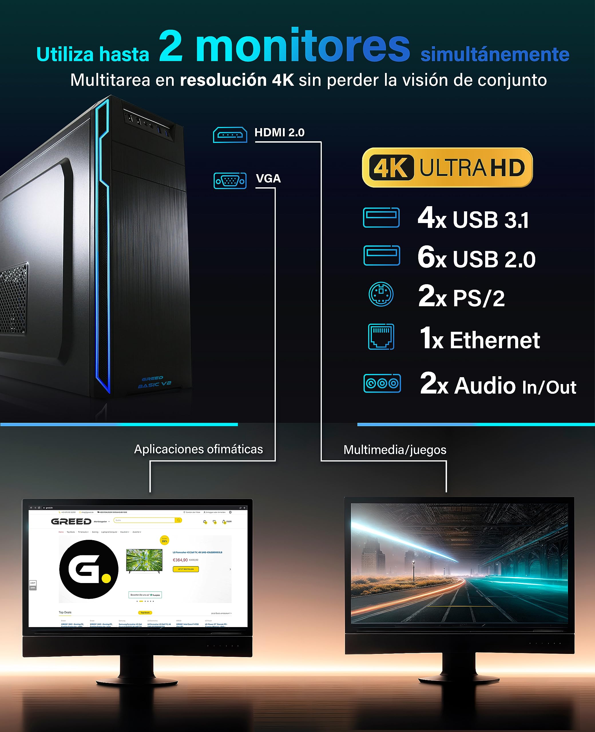 Greed® Multimedia V2 PC con Intel Core i7 10700 - Ordenador de sobremesa + Home Office PC con 4,8 GHz, 16 GB RAM - 512 GB SSD - DVD+RW - USB3.1 - Wi-Fi, con Windows 11 Pro