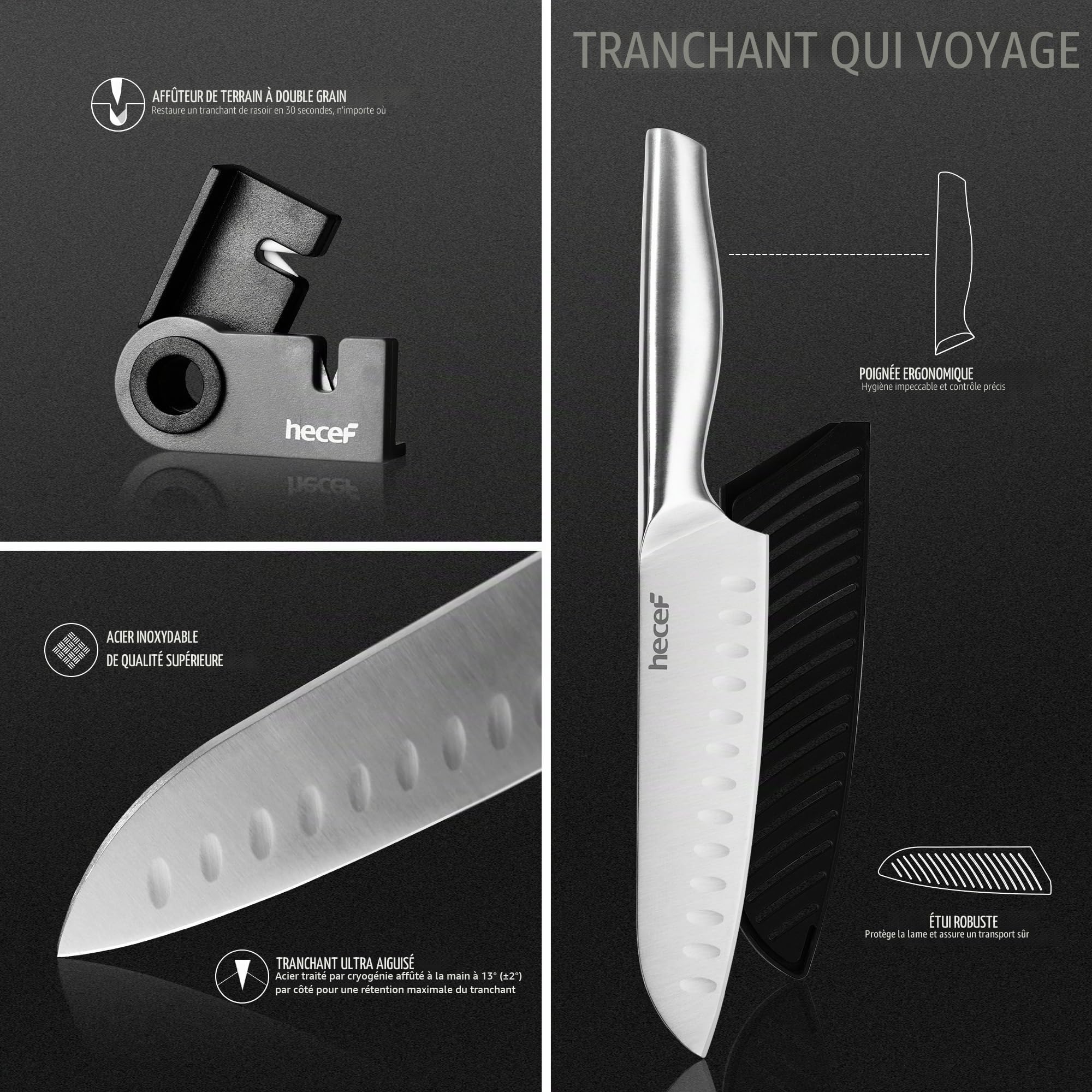 hecef set couteaux de cuisine professionnels en acier inoxydable, avec étuis, planche réversible, affûteur à 2 étapes, ciseaux et sac de transport, 10 pièces ustensiles de cuisine pour l'extérieur