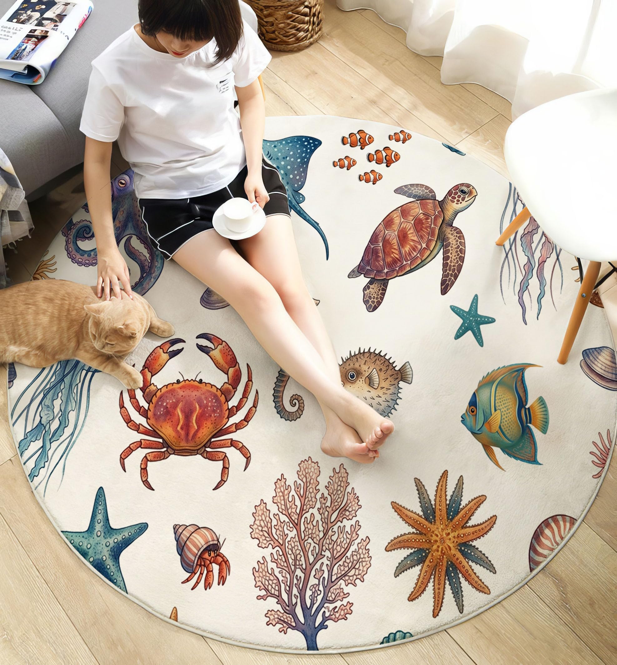 Meeresleben Rund Teppich für Kinder, Kurzflor Kinderteppich, Oktopus Meeresschildkröte Qualle Runder Teppich Waschbar, Weich, Rutschfest für Lernbereiche, Spielzimmer und Kinderzimmer (160cm rund)