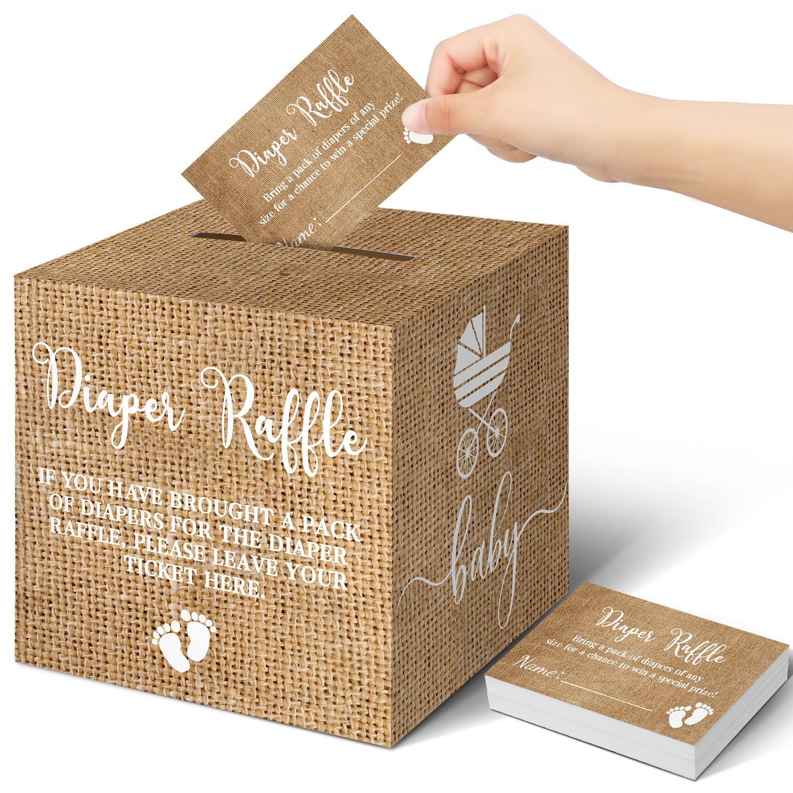 Teling 51 Pieces Diaper Raffle Tickets with Card Box,Burlap Grain Print