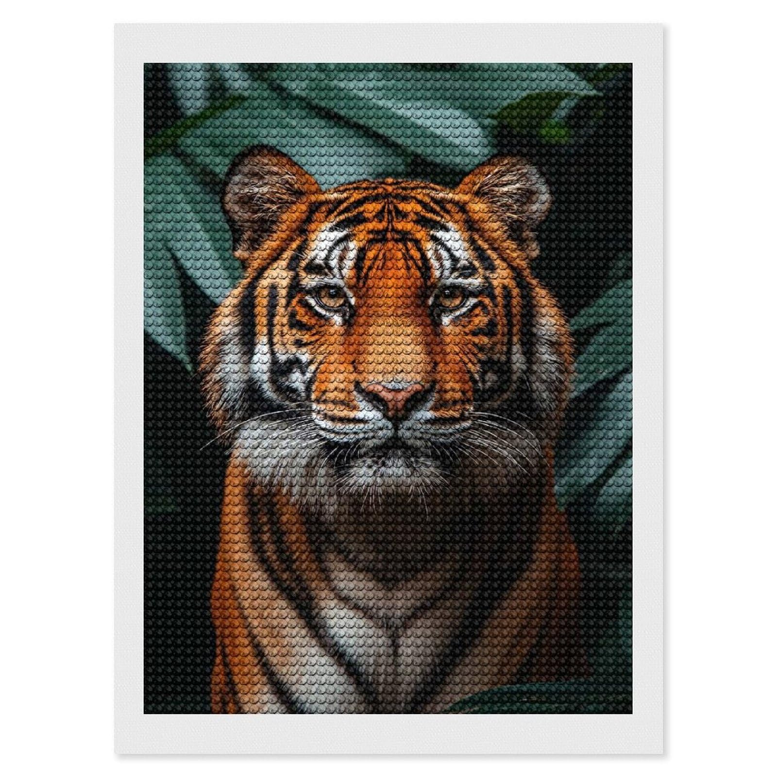 Junmoney Majestic Tiger Portrait in Lush Foliage Round Drill Diamond Painting 12"x16", Satisfying Creative Project, Complete Accessories, Printed Canvas