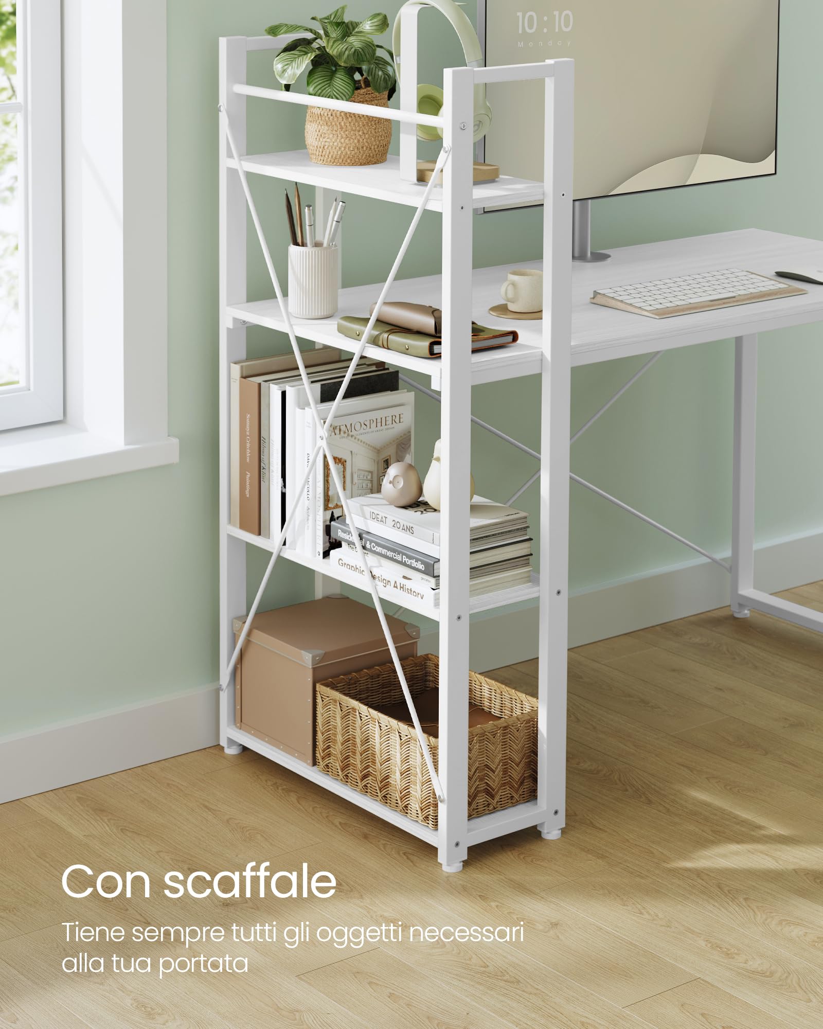 VASAGLE Scrivania con ripiani reversibili a sinistra o a destra, lunghezza 120 cm, tavolo da computer, per ufficio a casa, montaggio semplice, bianco acero LWD048W44