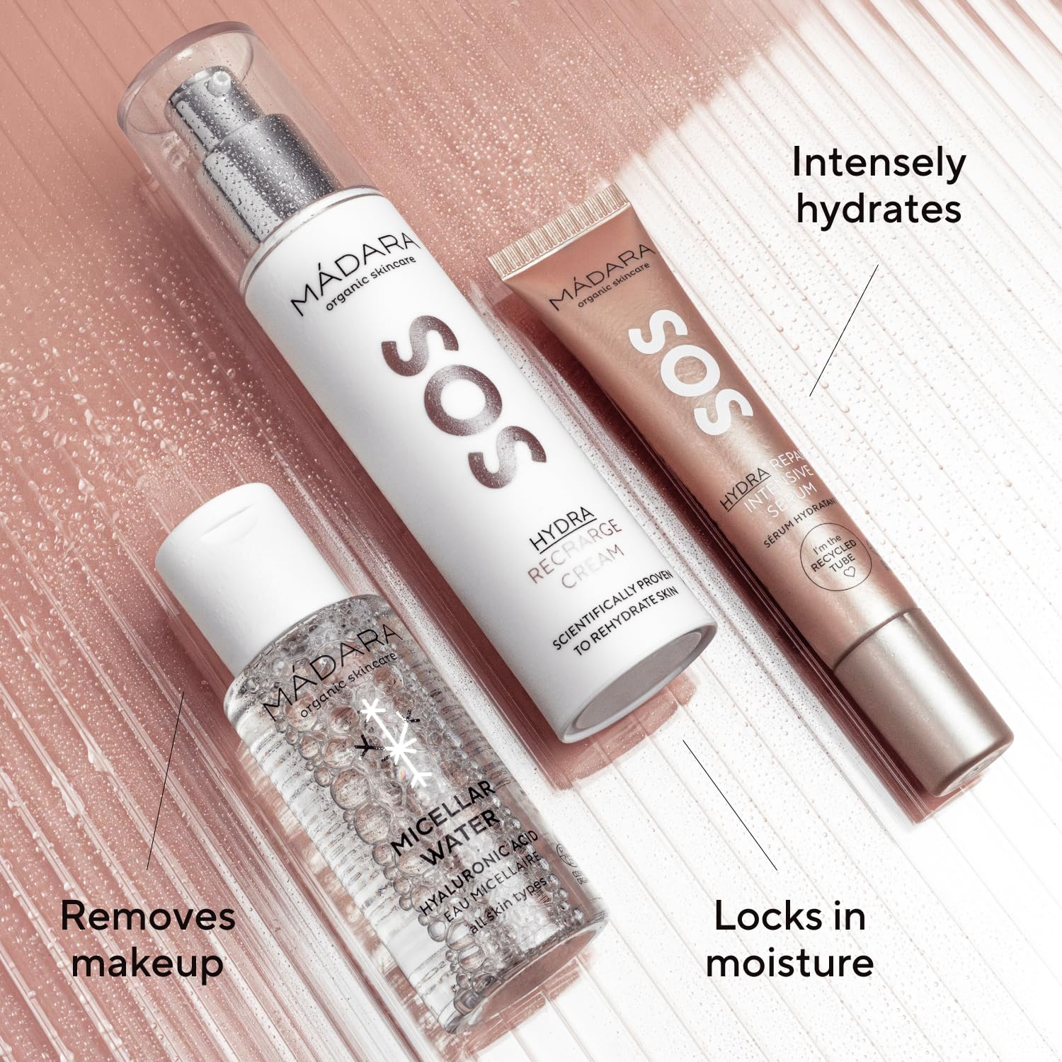 MÁDARA SOS HYDRA Star Collection Set – 3-teiliges Hautpflege Geschenkset mit Mizellenwasser 50 ml, Hydra Repair Serum 20 ml & Recharge Cream 50 ml – Feuchtigkeit & Pflege