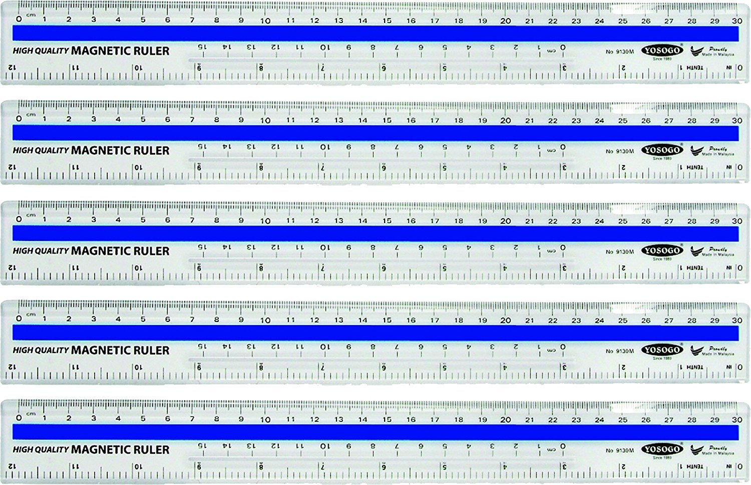 12 inch / 30 cm Magnetic Plastic Transparent Ruler - Pack of 5 by YOSOGO