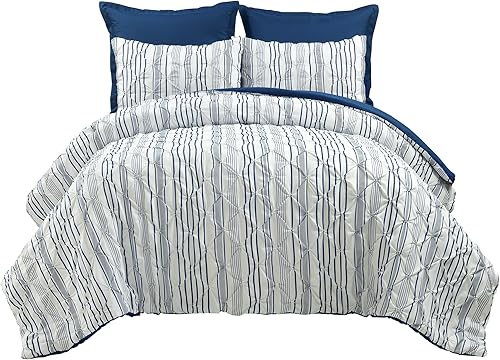 Lush Décor Ravello - Juego de edredón con pliegues finos, 5 piezas, con fundas de almohada, estilo casa de campo vintage chic, tamaño king, rayas