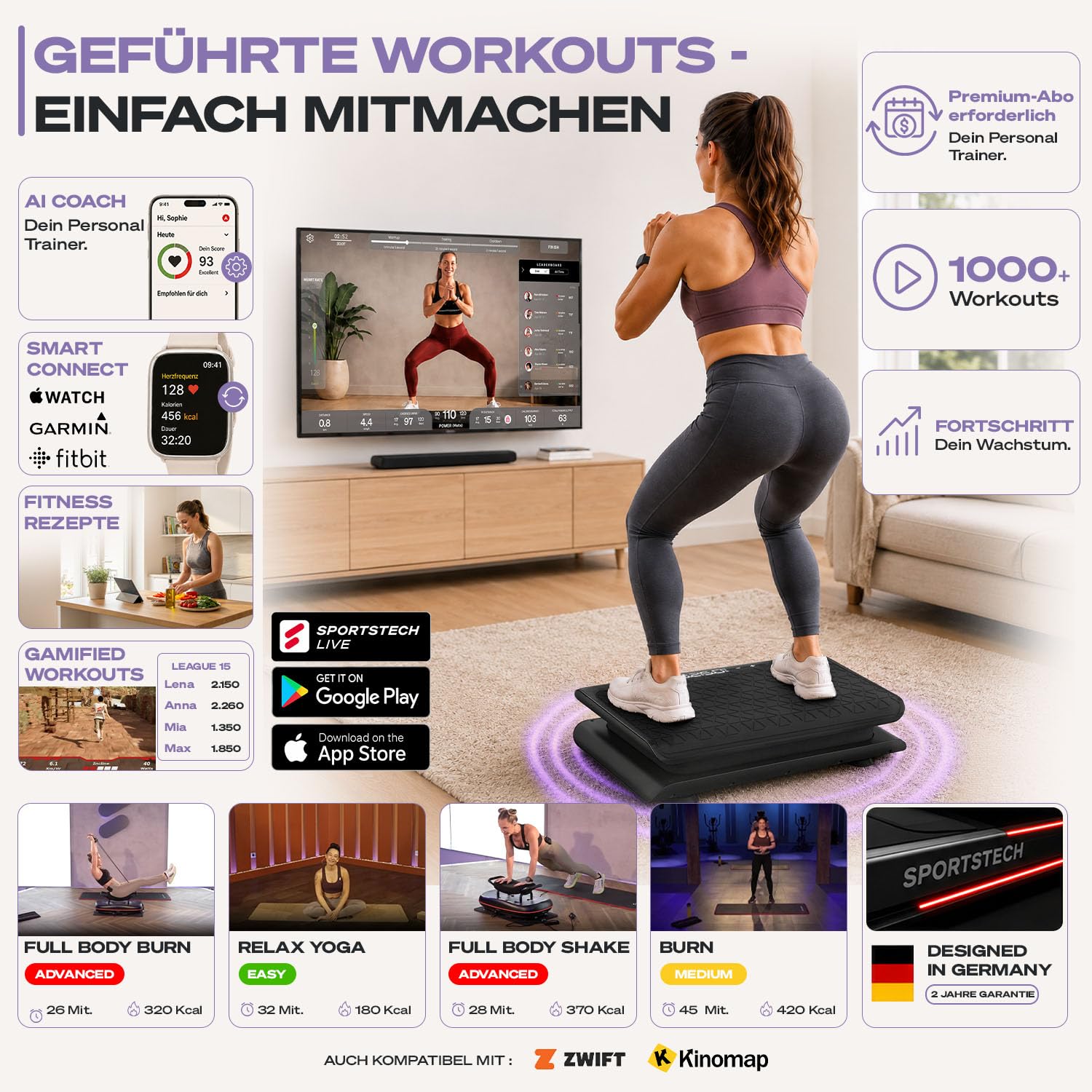 Sportstech Vibrationsplatte für Zuhause | Abnehmen, Fettverbrennung & Muskelaufbau | Oszillation, 99 Intensitätsstufen, Bluetooth-Fernbedienung | leiser Motor bis 120 kg | Trainingsbänder | sVibe Lite