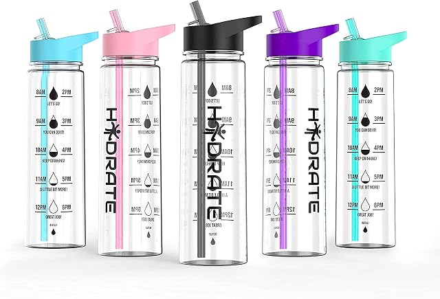 HYDRATE Water Bottles Motivational premium 900ml water bottles with straw  Daily water intake with Time Markings, BPA-Free. Leak proof Ideal for hydration at office, gym. (Black)