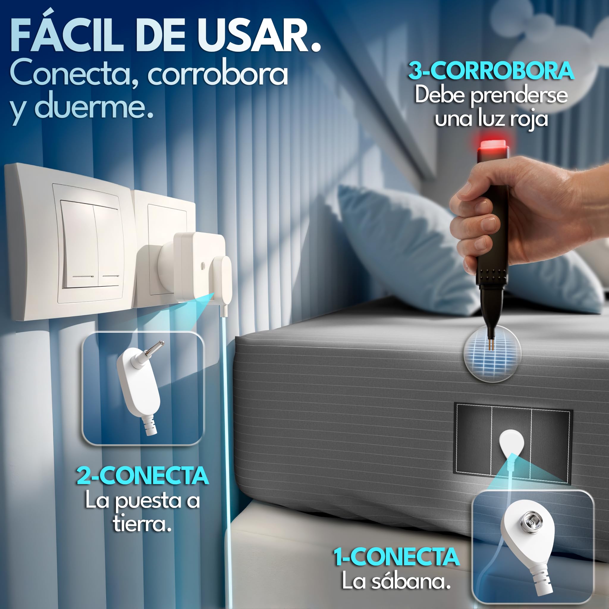 Sabanas Grounding Ajustable 10% Plata 90% Algodon| Sabanas de Conexion a Tierra + Cabezal + Cable + Tester + Antifaz Lino (Gris, Cama Individual (90x200x30))