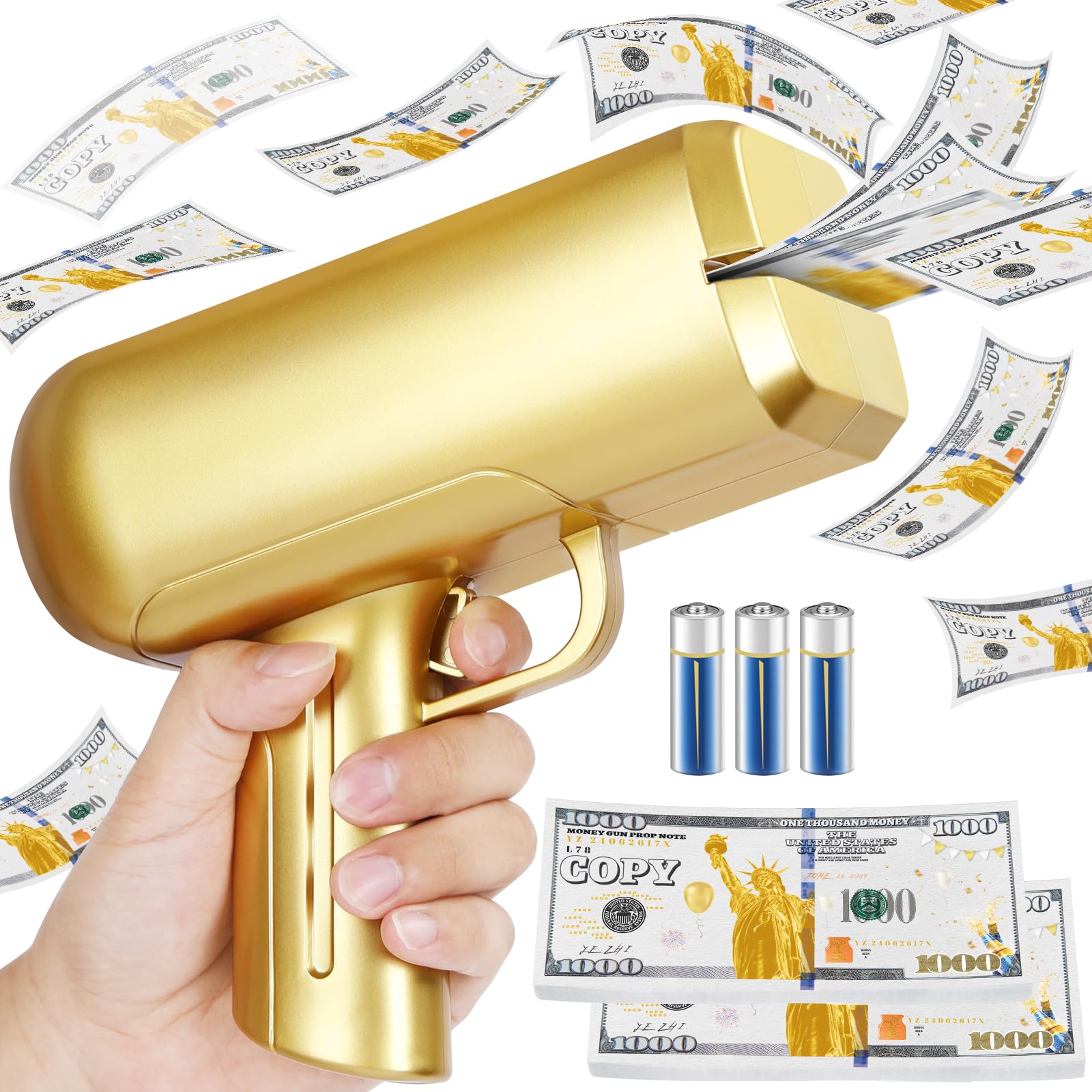 Gold Money Gun Shooter and 201 PCS Props (No Real Function) and 3 AA Batteries, Money Gun Paper Playing Spary Paper Handheld Money Thrower Gun Fun Toy Money Shooter Gun for Movie Photo Partys