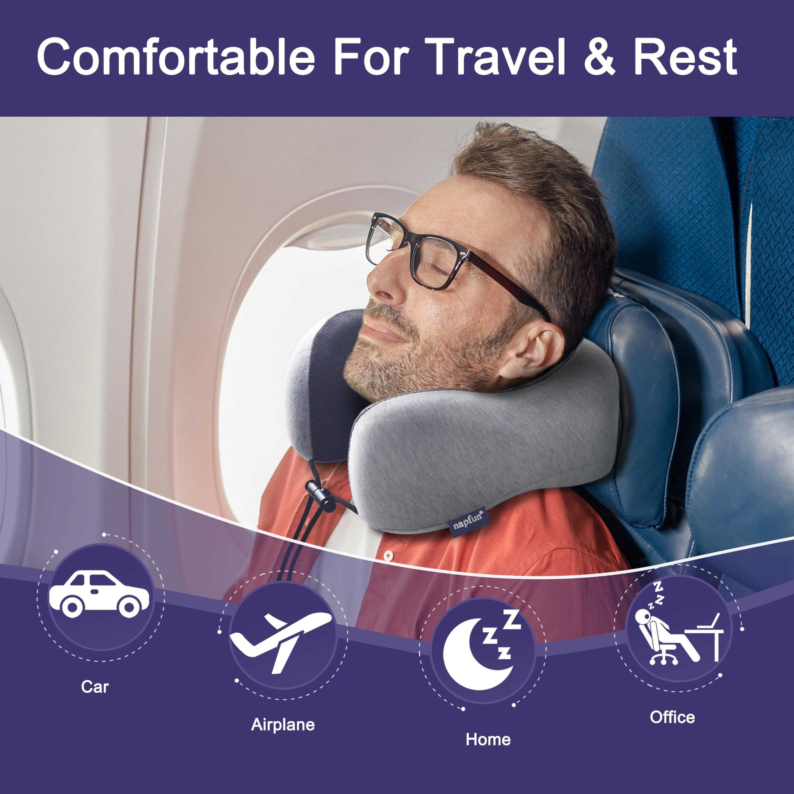 napfun Neck Pillow for Traveling, Upgraded Travel Neck Pillow for Airplane 100% Pure Memory Foam Travel Pillow for Flight Headrest Sleep view 3