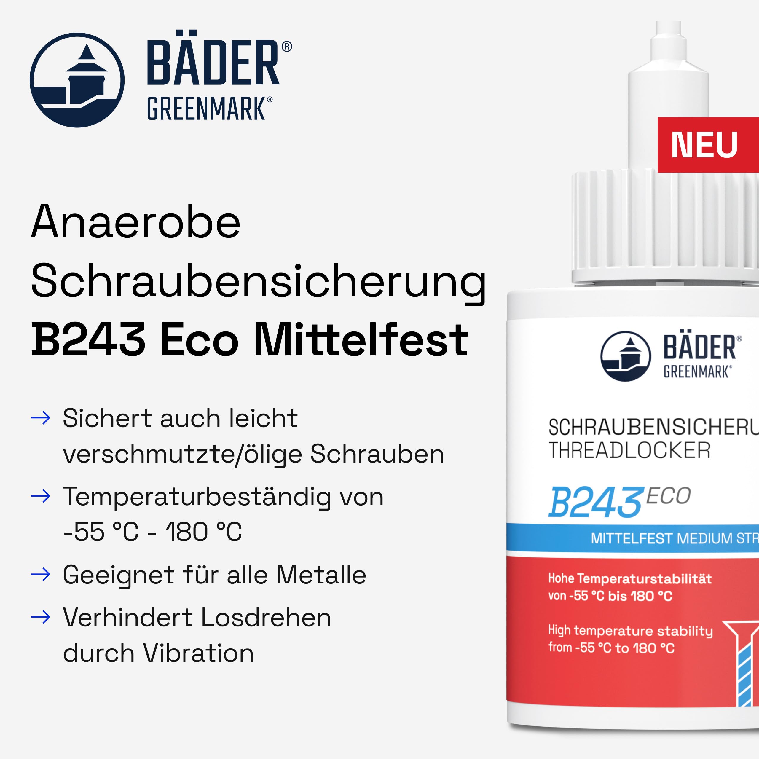 BÄDER threadlocker B243Eco Medium Strength Blue 50ml Bottle - high Temperature Resistant, Fluorescent - Works on All Metals and Threads, for Large Threads…