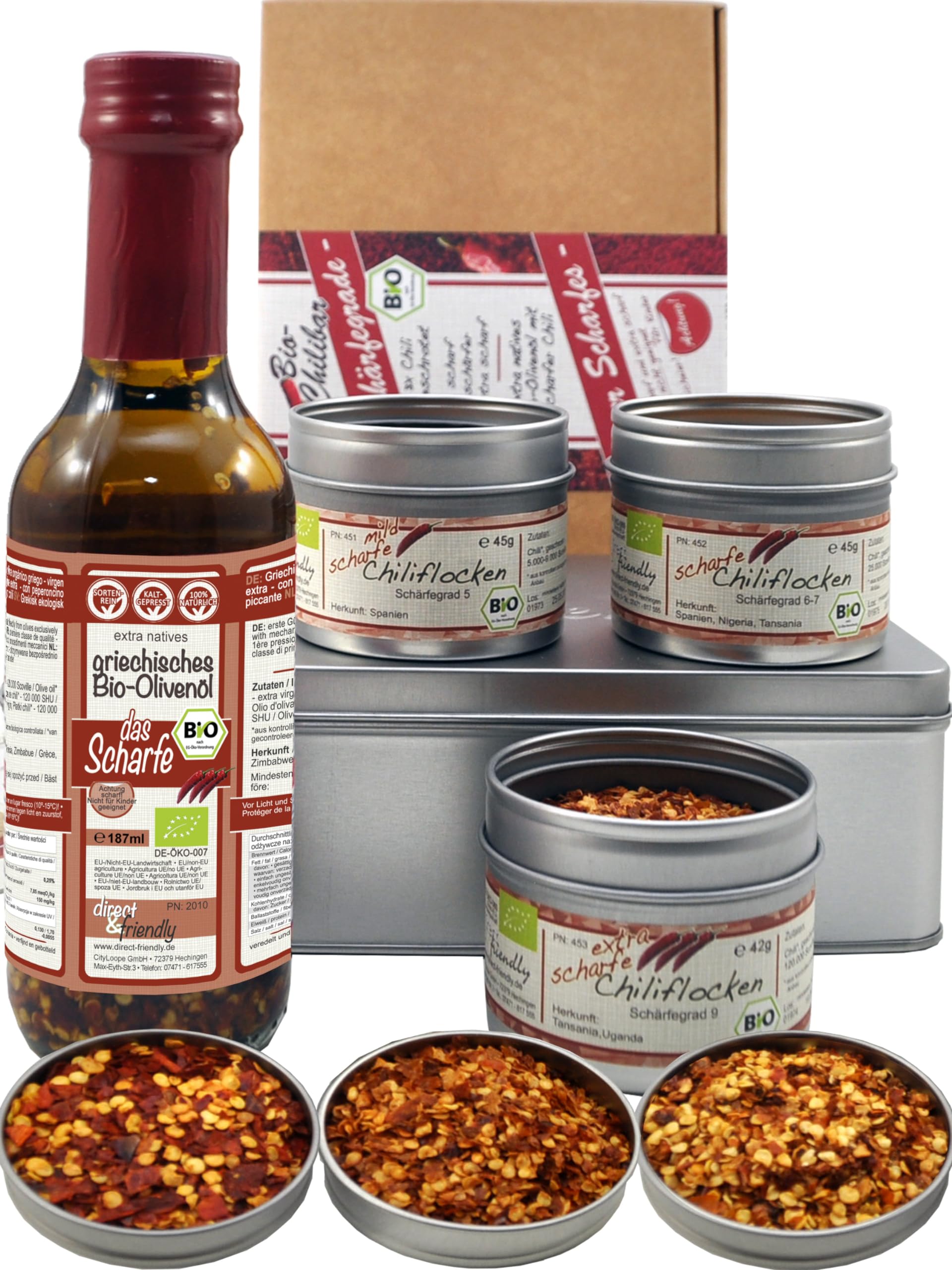 Bio Chili-Olivenöl extra scharf & Chiliflocken 3 Schärfegrade Geschenkset