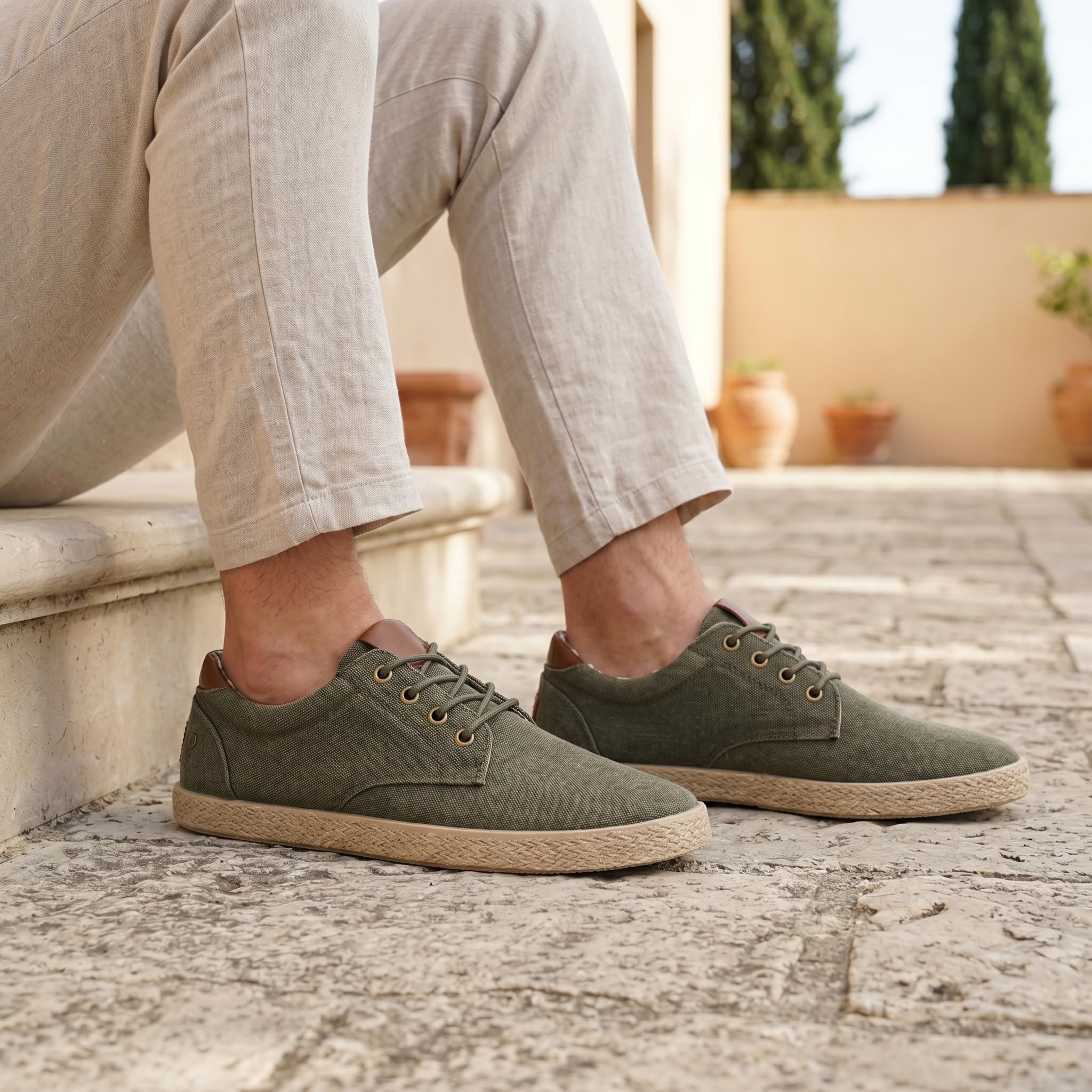 GLAMORA Espadrilles - Scarpe da uomo con lacci, effetto lino, vintage, effetto vintage, in tela, leggere, traspiranti, estive, per il tempo libero, scarpe piatte, comfort, antiscivolo, suola