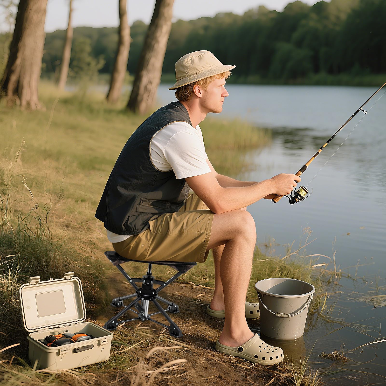 COSTWAY Klapphocker faltbar, 360° drehbarer Campinghocker, Falthocker mit Anti-Sink-Füßen & Tragetasche, tragbarer Camping Hocker bis 150 kg belastbar, Angelhocker für Camping, Jagen, Angeln (Tarnung)