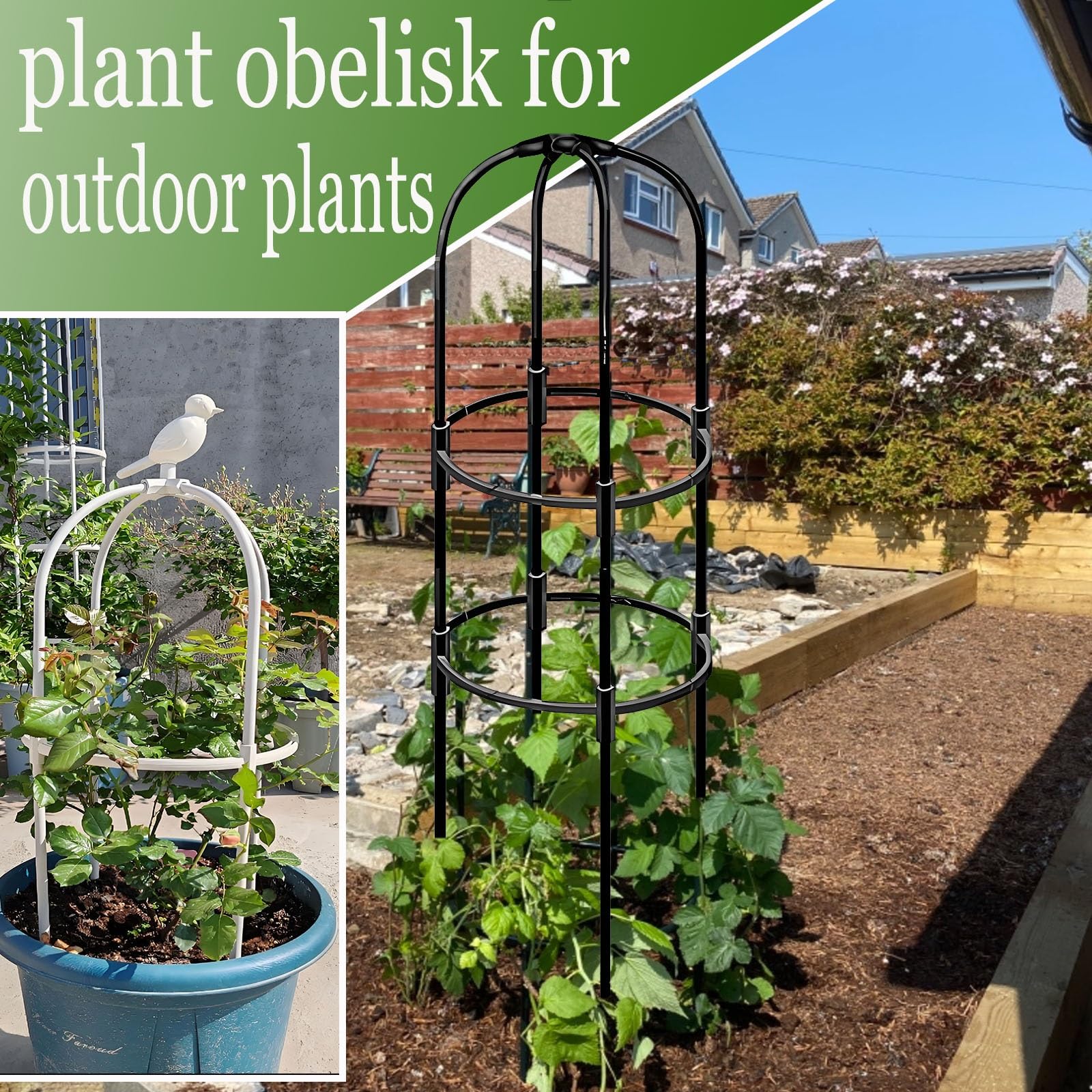 Lot de 2 treillis obélisques de jardin blancs – Support pour plantes grimpantes pour roses, tomates, concombres, fleurs, raisins, pois – Cages de plantes d'extérieur 32 x 120 cm