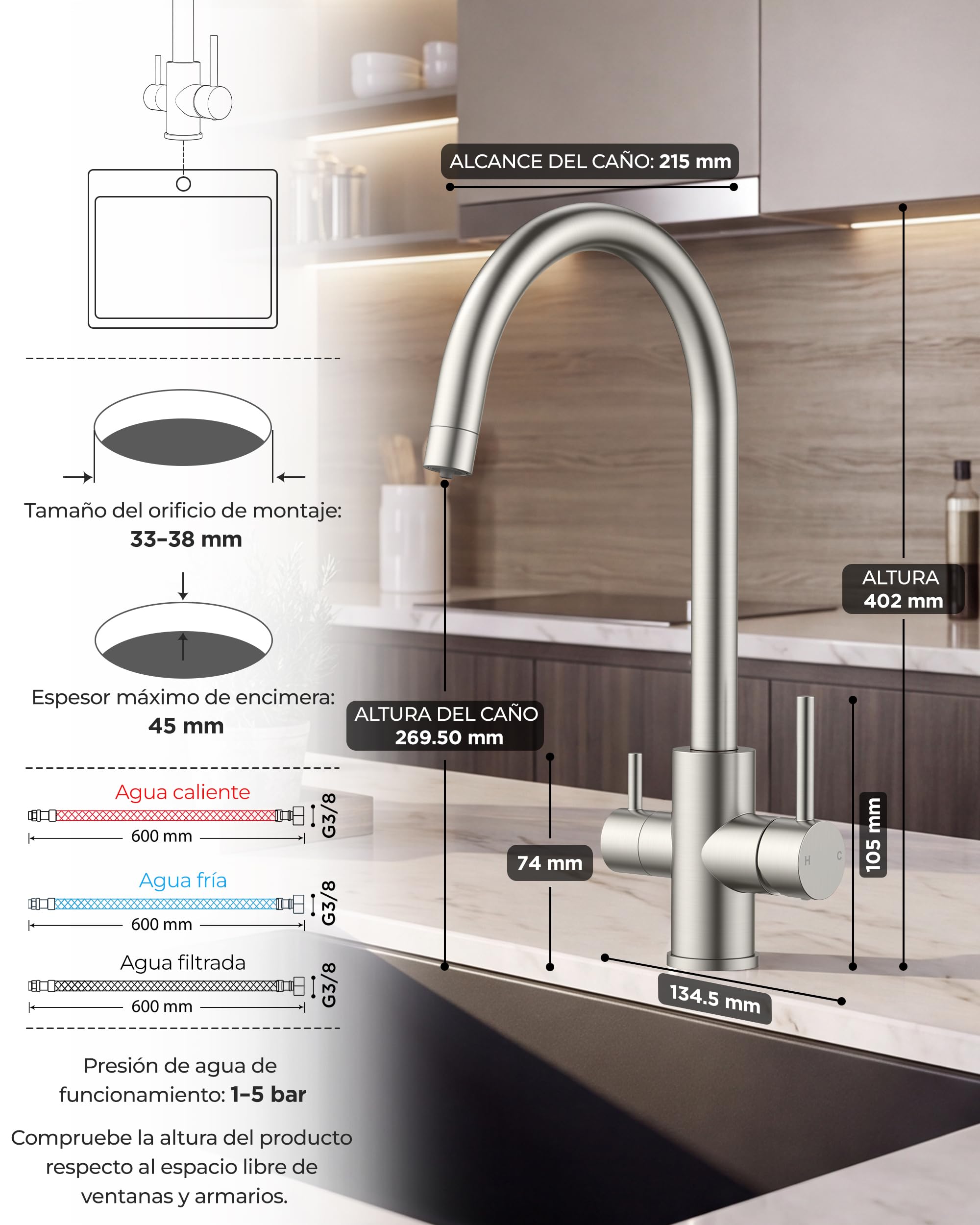 FORIOUS Grifo Cocina 3 Vías, Grifo Monomando Cocina de Acero Inoxidable, Grifo Fregadero Cocina con Doble Maneta y Giro 360°