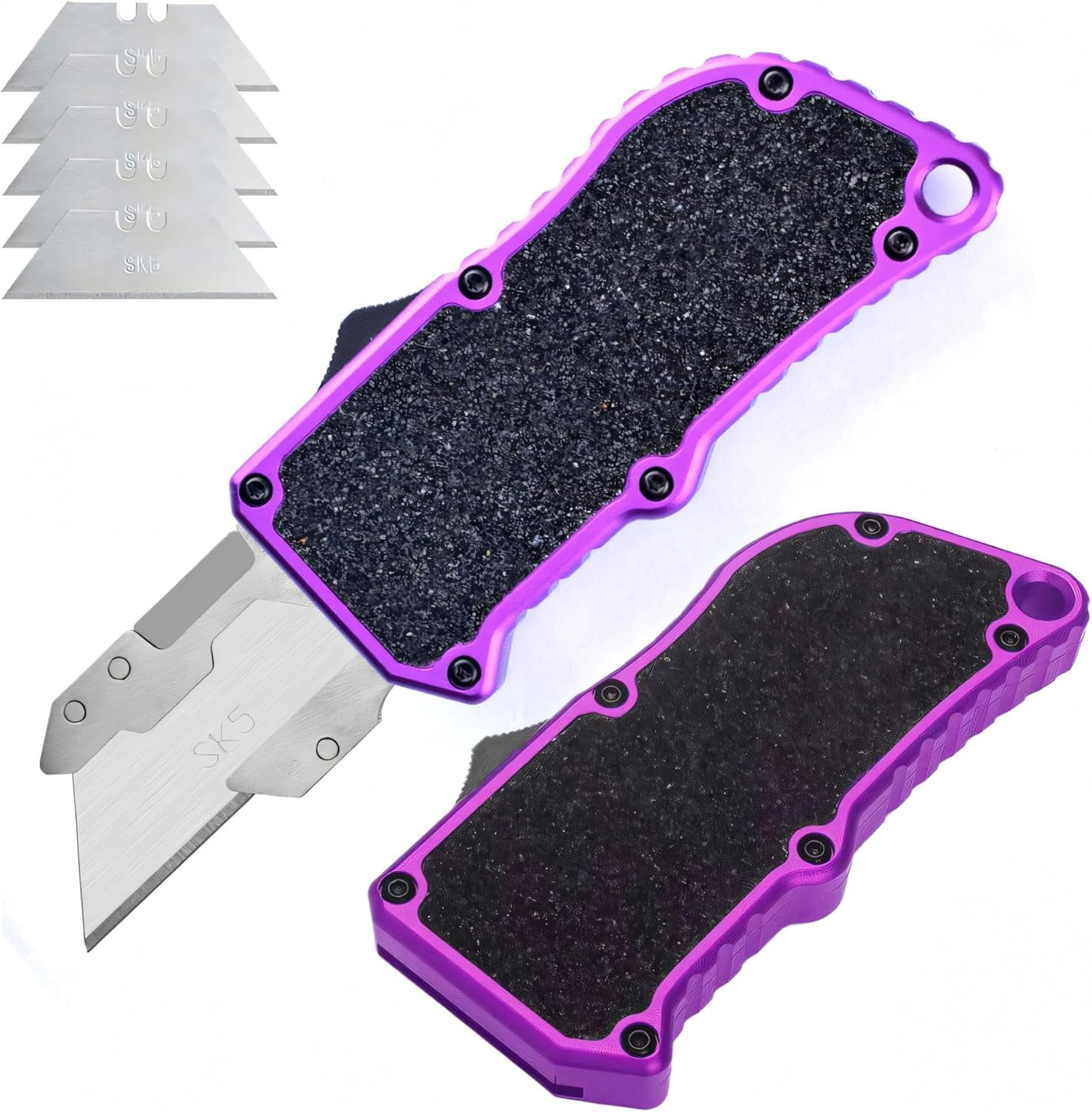 Aviation Aluminum Utility Knife - EDC Auto Box Cutters Retractable Heavy Duty Card board, Pocket Clip & 5 Spare Blades - Perfect for Office, Home, and Arts (Violet)