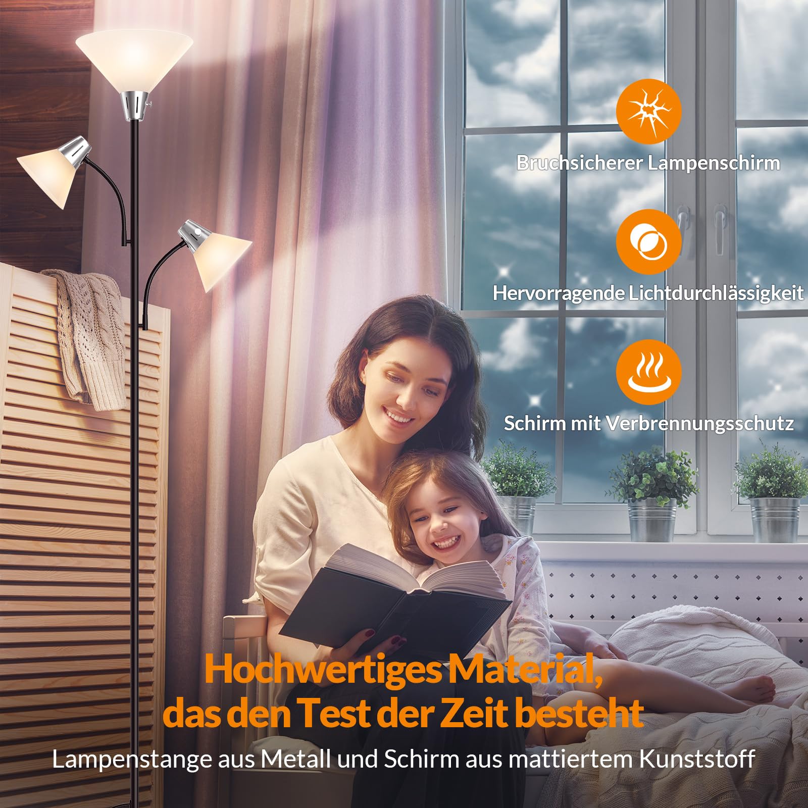 LEPOWER Stehlampe Dimmbar, 9W LED Stehlampe mit 5W Leseleuchte Einstellbar | Moderne, Helle Stehlampe mit Austauschbaren 3000K Energiespar LED, Stehlampe für Wohnzimmer, Schlafzimmer, Büro, Schwarz