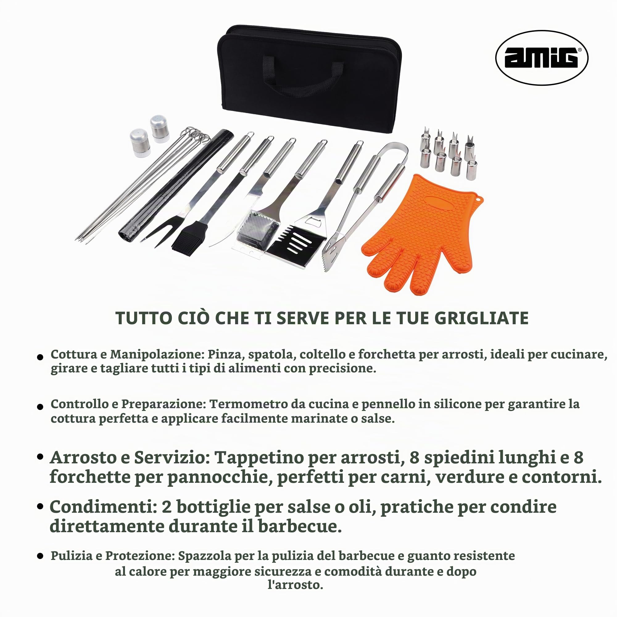 Amig - Kit 28 Accessori per Barbecue - 39 x 19 x 6 cm - Acciaio Inossidabile - Set Completo di Utensili - Accessori Pratici e Presentazione Curata per Regalo - Mod. AM18