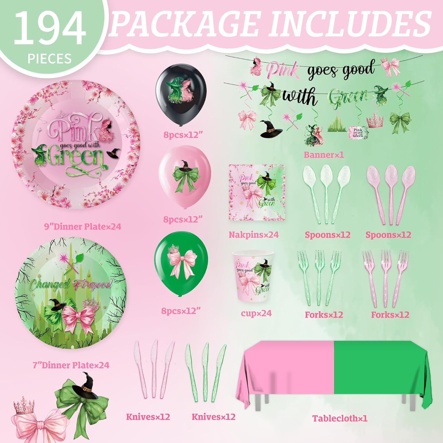 194Pcs Pink and Green Witch Party Decorations Tableware Set Include Pink Plates Green Plates Napkins and Tablecloth for Magical Themed Party Supplies - Image 2