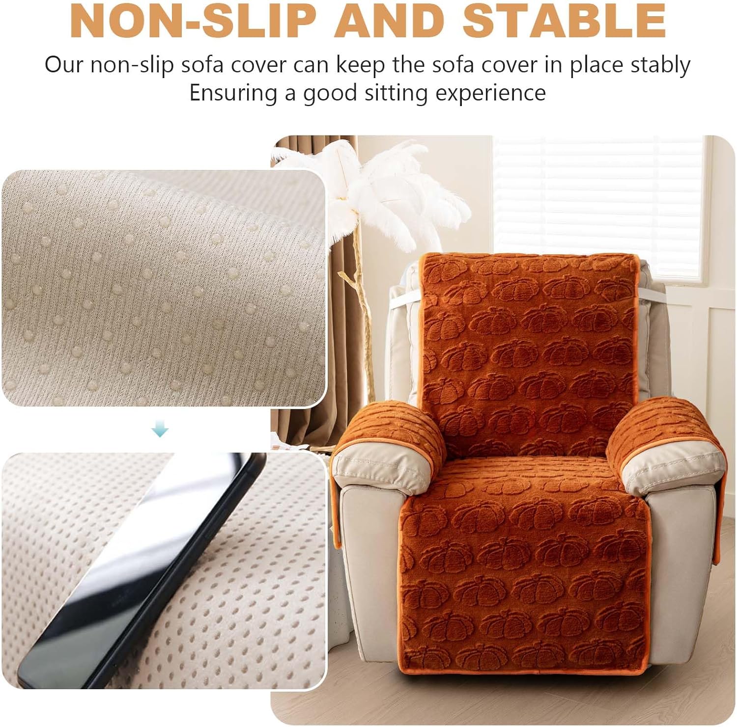 Thick Rabbit Plush Recliner Slipcover 23 Inches Chair Covers Lazy Boy Recliner Chair Cover Quilted Cover for Recliner Chairs and Furniture (Orange)