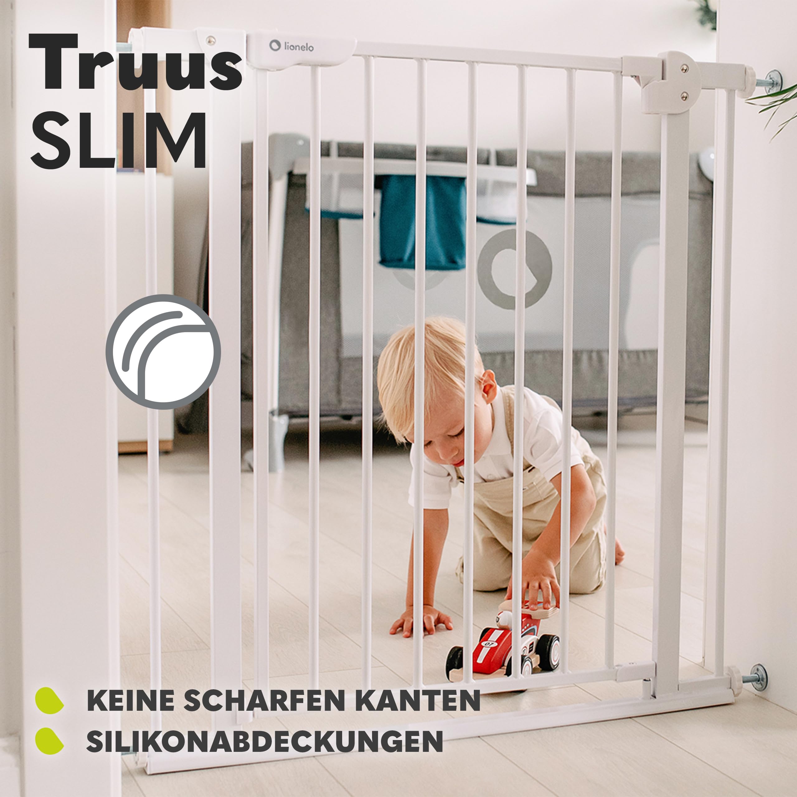 Lionelo Truus Slim Treppenschutzgitter ohne Bohren 75–105 cm | Baby Türschutzgitter mit Erweiterung, Auto Close, Doppelte Sicherung, Beidseitig Öffnend, Niedrige Schwelle