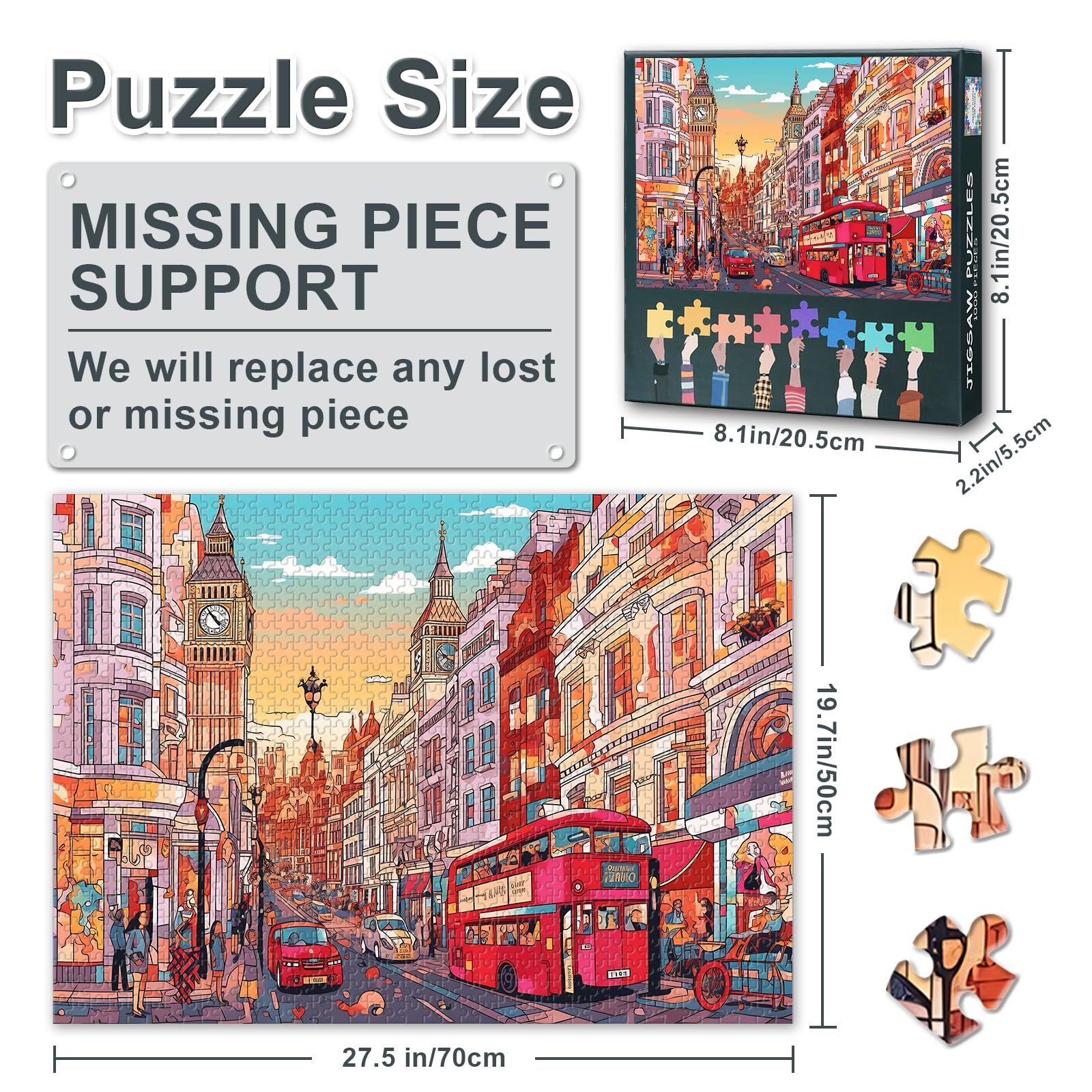 1000 Piece Jigsaw Puzzle for Adults London Cityscape British Architecture Urban Landscape Pattern Houses Big Ben Thames River Skyline Puzzle 27.5x19.7 Inch - Image 3