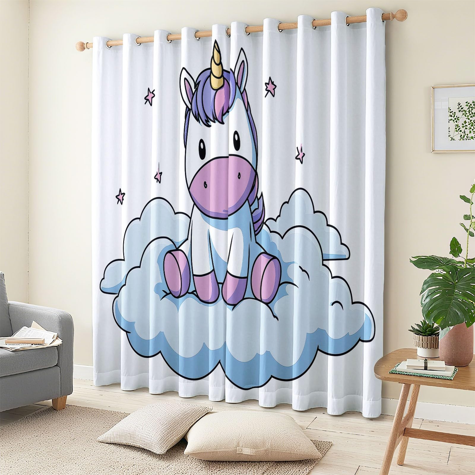 Rideau Occultant Salon Blanc Thermique Isolant Anti Froid Polyester 2 Pièces L140 x H160 cm Rideaux de Fenêtre Dessin Animé Animal Licorne pour Chambre Enfant Cuisine Décoration