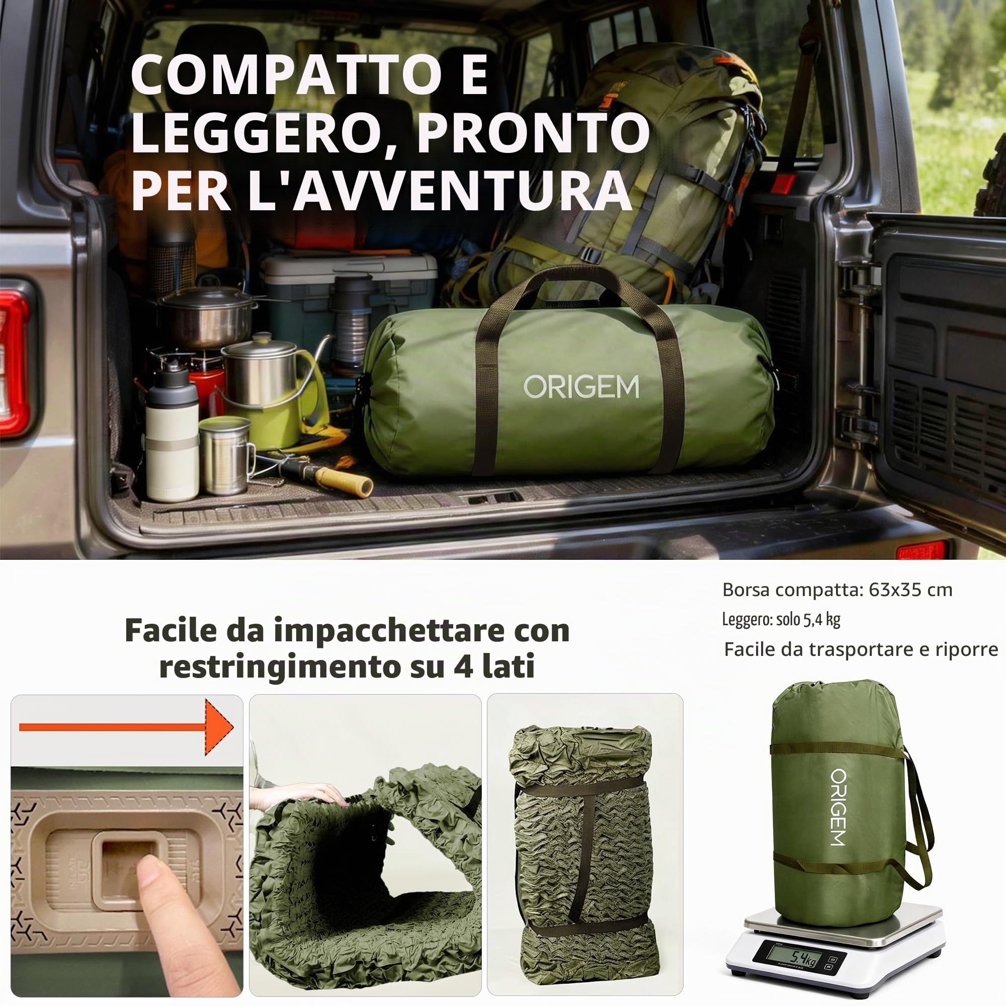 Origem Materasso Campeggio Matrimoniale con Pompa Elettrica Integrata | Materassino autogonfiante doppio 140 x 200 cm in schiuma, facile da gonfiare e sgonfiare per trekking, tenda e casa