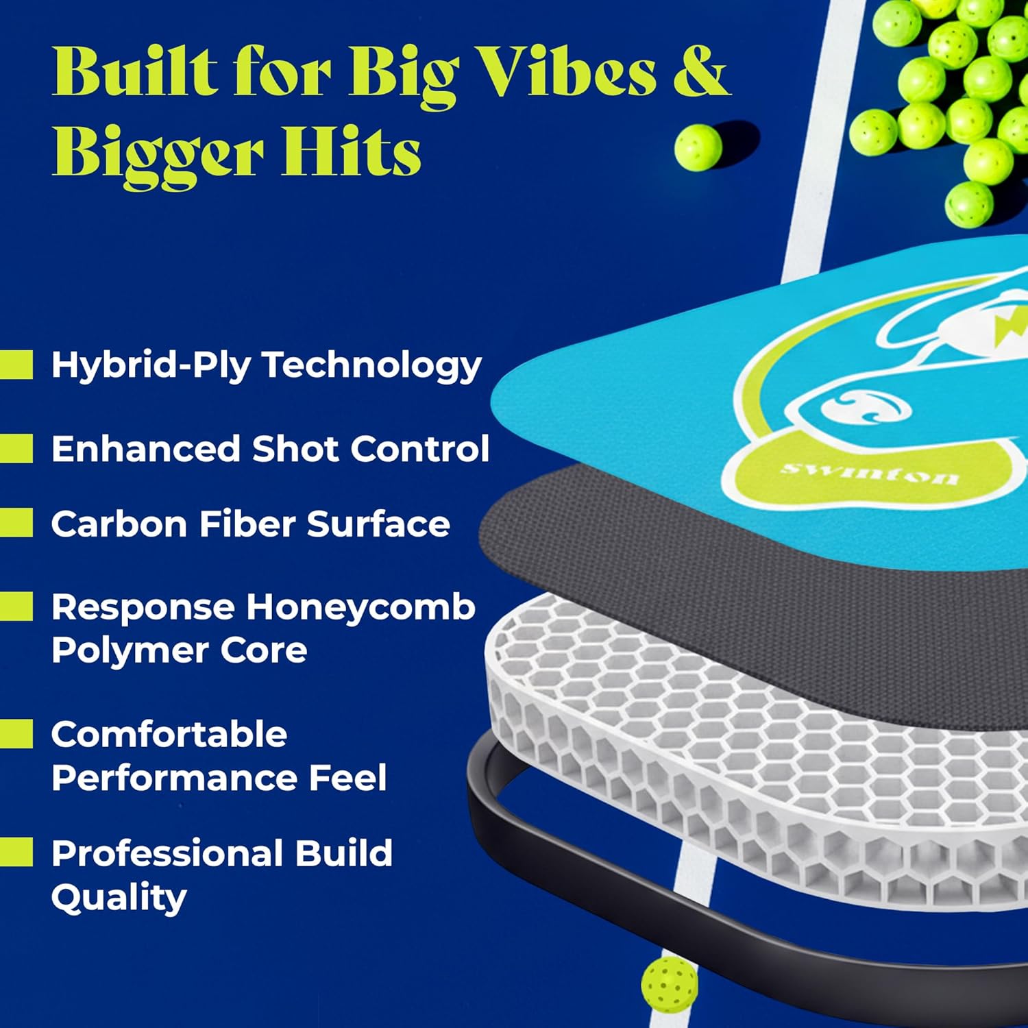 Swinton Pickleball Paddles, USAPA Approved Carbon Fiber Pickleball Paddle for Power, Control & Spin, Advanced Sweet Spot Textured Surface for Precision Shots Comfortable Anti-Slip Grip for Men & Women