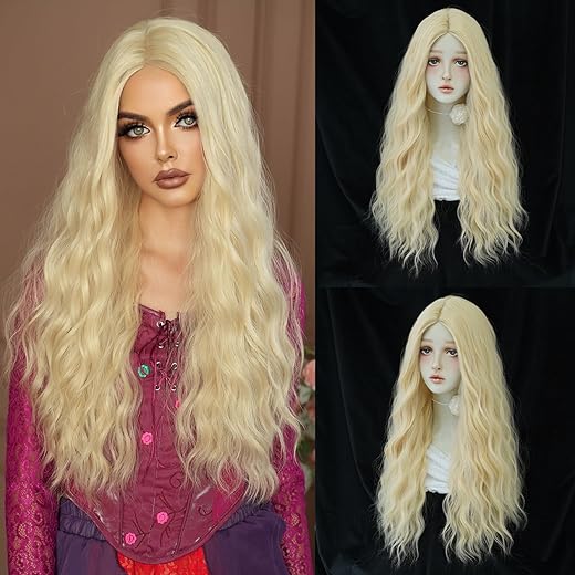 7JHH WIGS Wavy Platinum Blonde Middle Part Wigs 28in Long Wet Wavy Wig Cos Halloween Wig for Women Cosplay Party Used High Temperature Heat Resistant Fiber Natural Hairline Wig