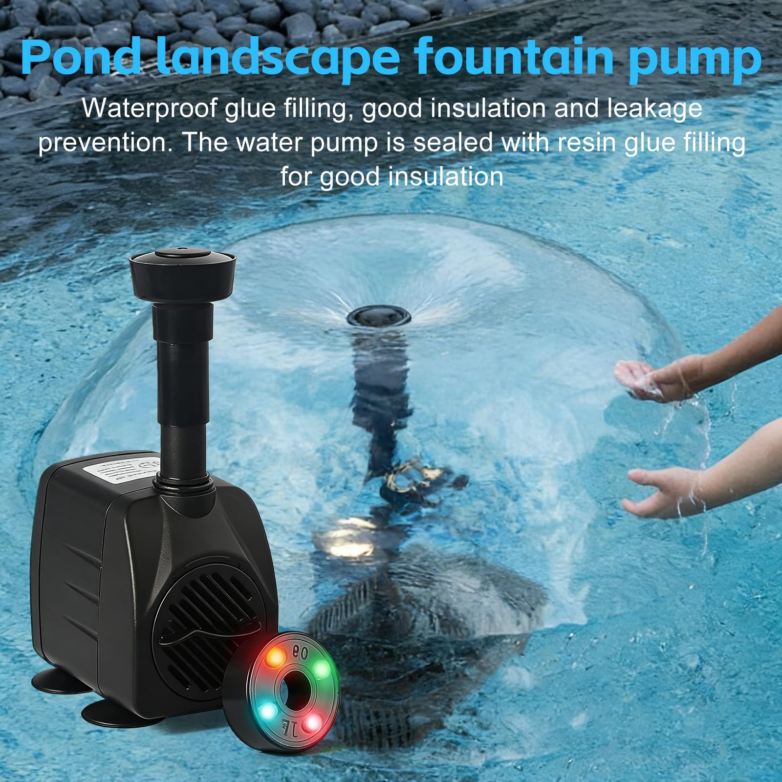 Pompe de fontaine extérieure 600 L/h 15 W 220 V, pompe de bassin 3 en 1 avec 4 LED, pompe de jardin pour fontaine, pompe pour jeux d'eau, pompe de ruisseau pour fontaine de jardins, bassins, puits