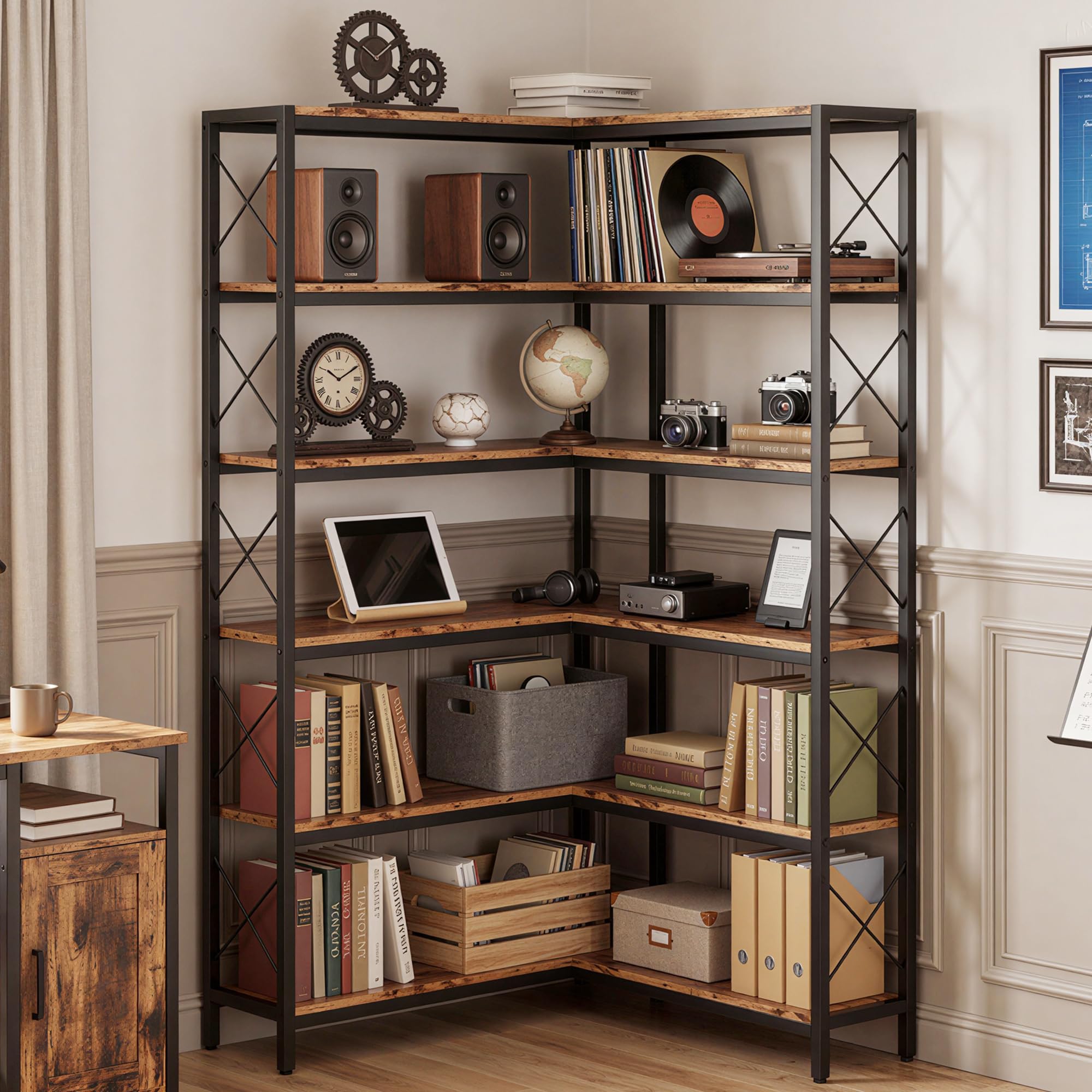 IRONCK Bücherregal, 6-stöckiges L-förmiges Eckbuchregal mit verstellbaren Füßen, Industrielles Eckregal für Wohnzimmer, Schlafzimmer, Home Office, Rustik Braun, 80×80×167cm