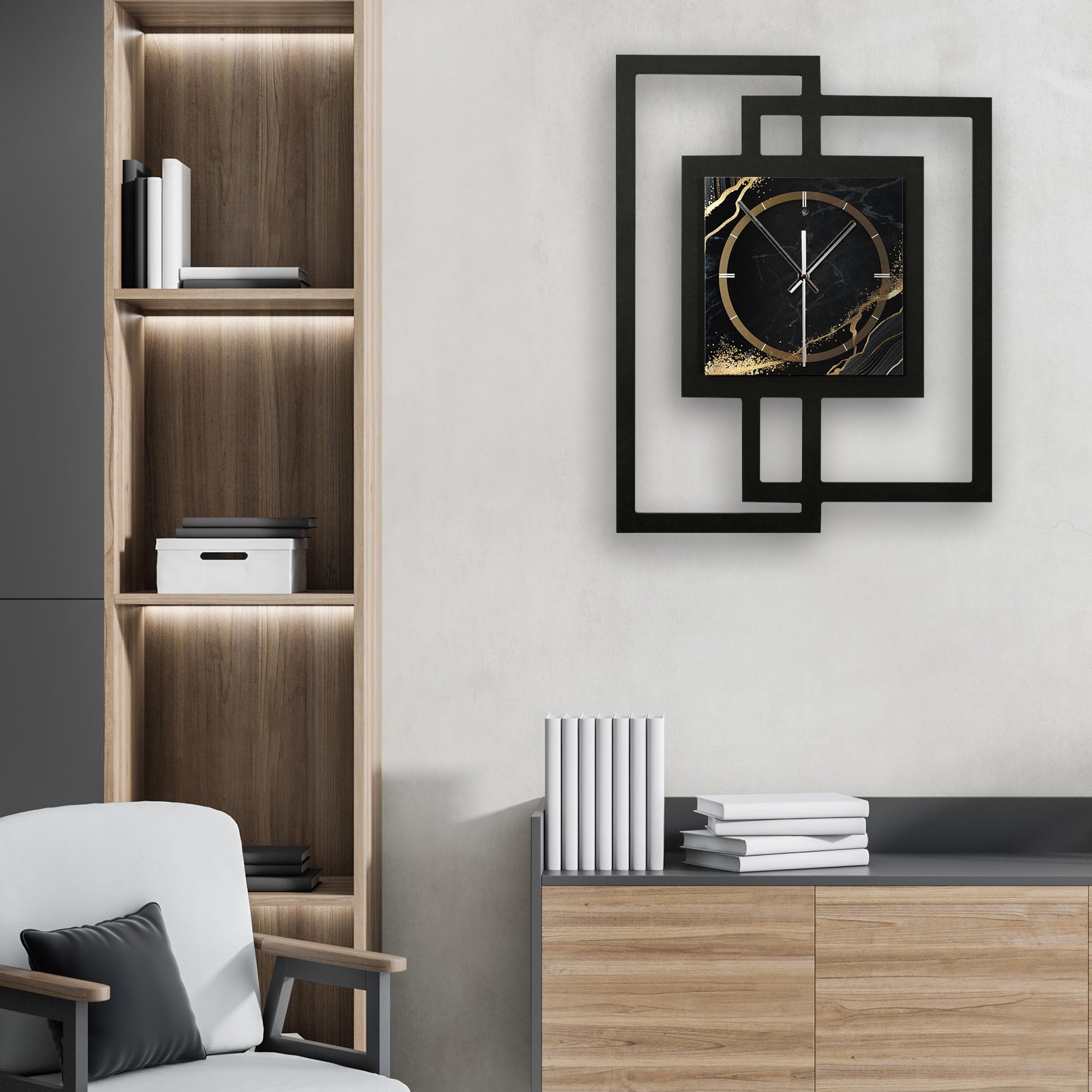 Kreative Feder Designer-Wanduhr in modernem Metallic-Look ohne Tickgeräusche (Black & Gold Waves, leises Funkuhrwerk)