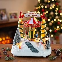Candieslife Christmas Village Rotating Carousel Decoration - Animated Merry Christmas Tabletop Figurine with Warm LED Lights, Snowman & Pine Trees - Indoor Winter Holiday Home Decor & Kids Gift