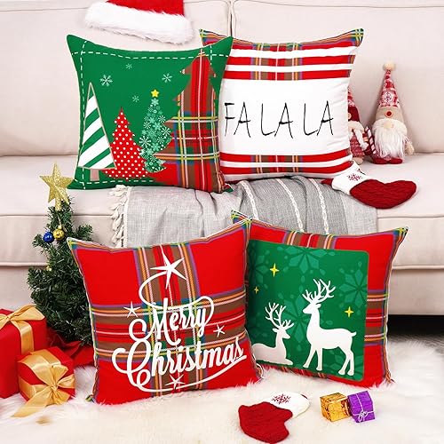 Miniatura 1 de Juego de 4 fundas de almohada de Navidad de 18 x 18 pulgadas, diseño de búfalo, a cuadros, rojo y verde, decoraciones de Navidad, funda de cojín