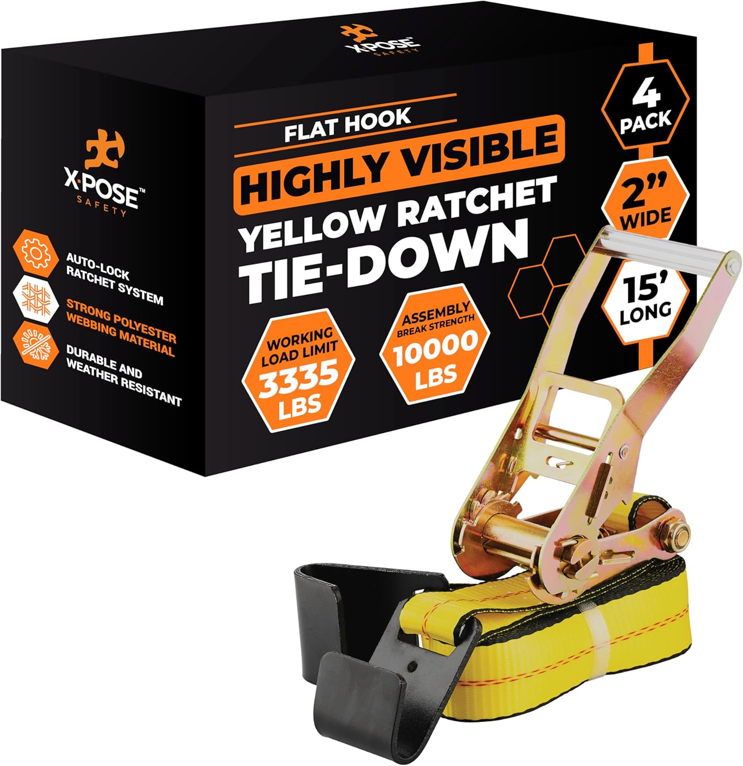 Xpose Safety 4-Pack Retractable Ratchet Straps with Flat Hooks, Heavy Duty 2" x 15', 10,000 lbs Break Strength Tie-Downs for Truck, Trailer, Kayak & Motorcycle