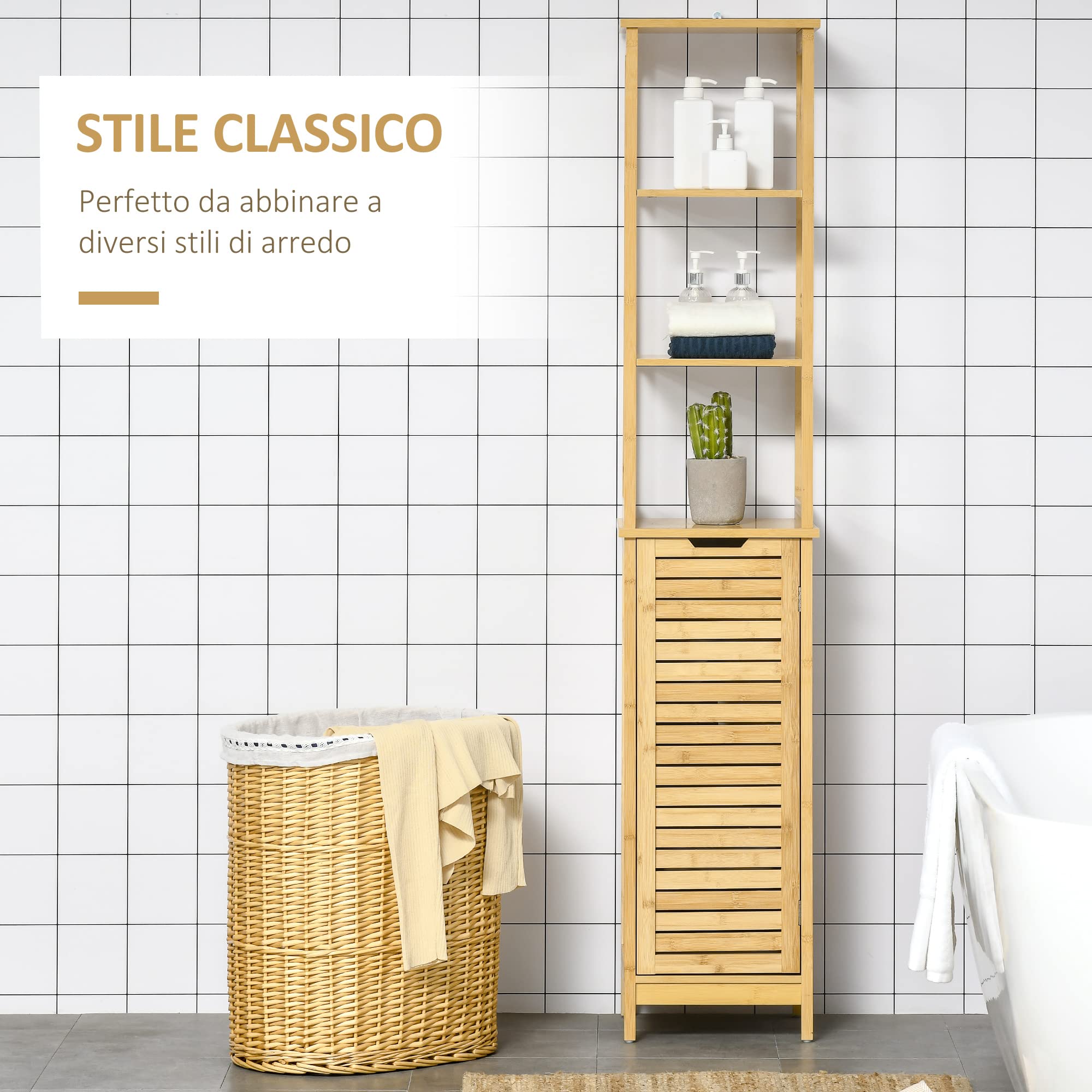 kleankin Mobile Bagno con 3 Ripiani e 1 Credenza, Colonna Bagno Salvaspazio Design a Doghe in Bambù, 34x30x173cm, Color Naturale