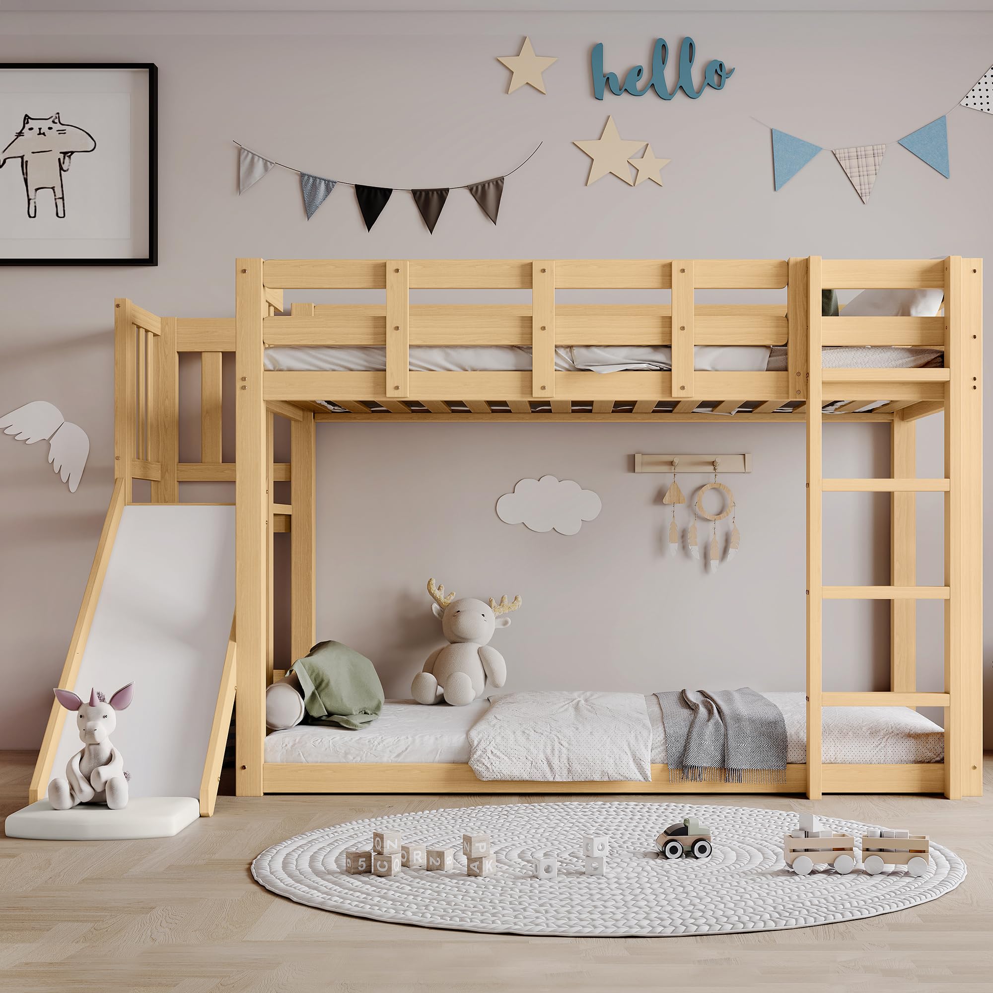 Mrwoo Kinderbett 90x200 cm, Etagenbett mit Rutsche, Hochbett mit Dreistufige Treppe und Rausfallschutz Geländer, Geeignet für Kinder und Jugendliche, Holzlatten (Ohne Matratze) (Natur)