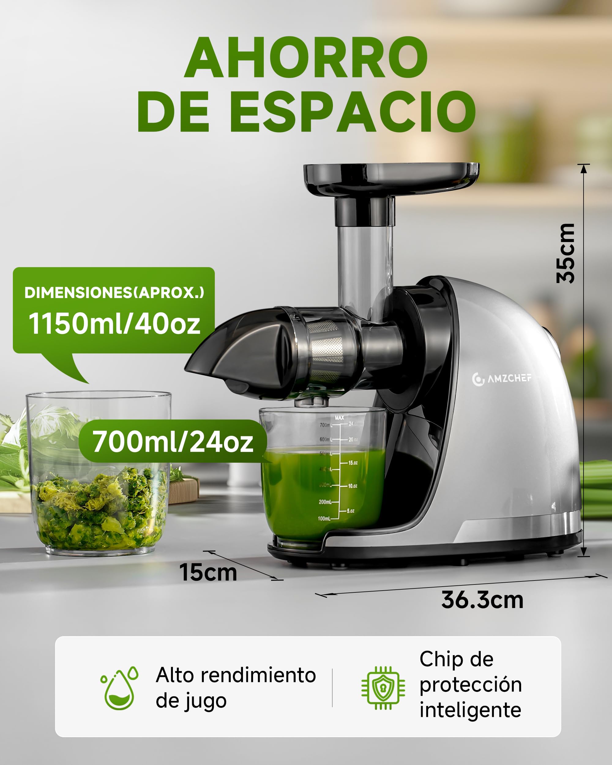Exprimidor Lento AMZCHEF – Exprimidor Silencioso con Función Reversa para Frutas y Verduras | Incluye Jarra y Cepillo de Limpieza (150 W,Gris)