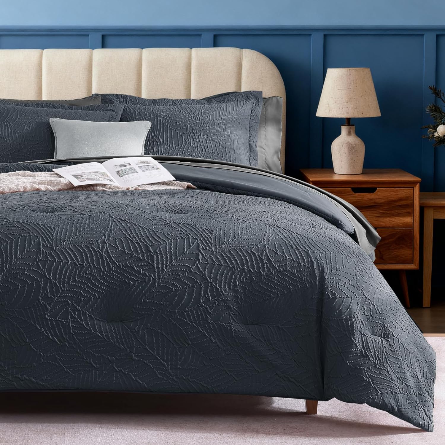 Geniospin King Size Comforter Set - 7 Pieces Blue Gray Textured King Bedding Sets with Comforter, Sheets, Pillowcases & Shams,All Season Blue Gray Bedding