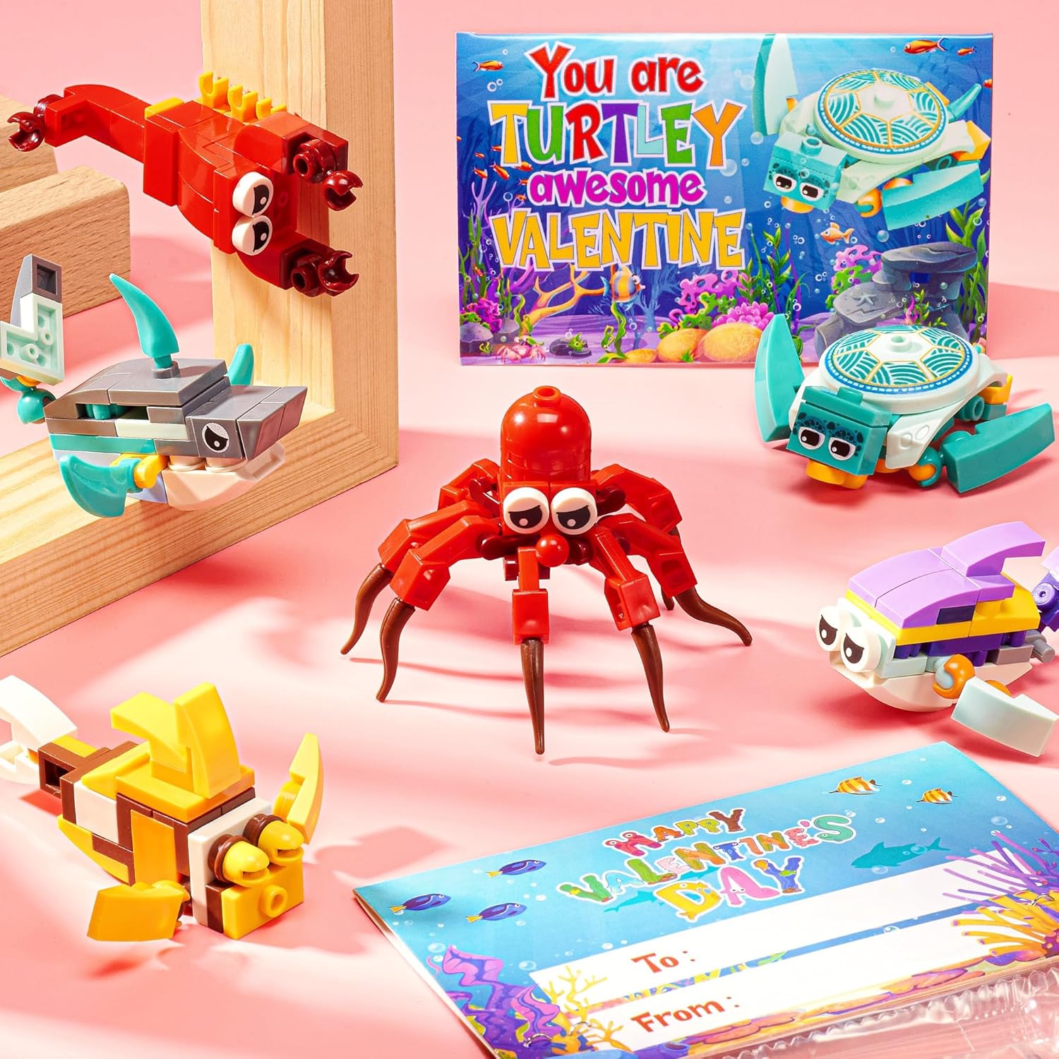 Qinline 24 Pack Easter Gifts for Kids, Marine Animal Building Blocks Set with Gift Cards for Boys Girls, Prefilled Easter Egg Fillers Party Favors Exchange Basket Stuffers for Kids School Classroom