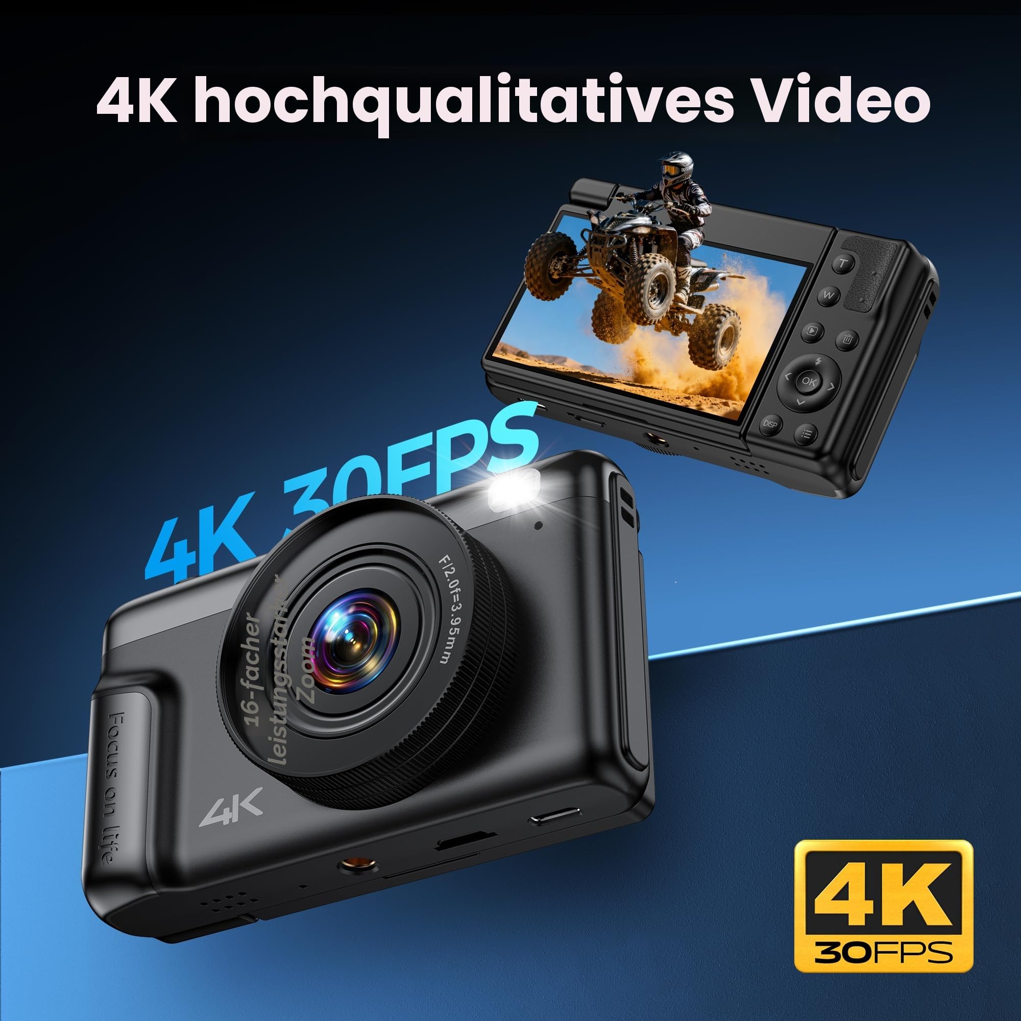 4K 64MP Digitalkamera Kamera Fotokamera: 16X Digital Zoom Kompaktkamera Fotoapparat - Geschenk Ab 8-18 Jahre Teenager Kids Anfänger - Mini Retro Vlog Camera(Keine SD-Karte)
