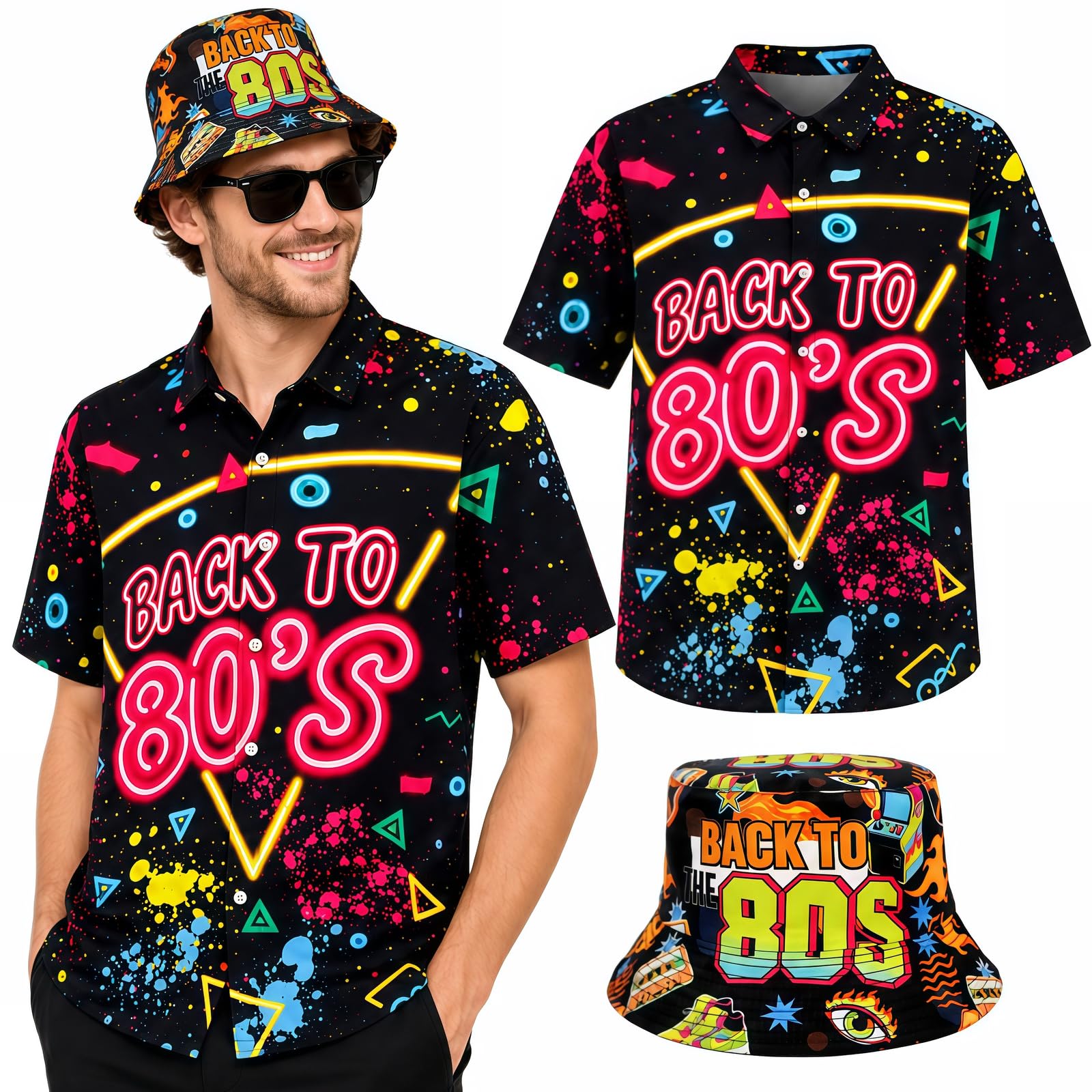 80s 90s outfits Retro Fancy Dress 2Pcs Hip Hop Disco Adults Costume with Vintage Beach T Shirts Hat, Black 80s 90s Disco Tracksuit for Halloween Vintage Party Music Festivals (80s – Black, XL)