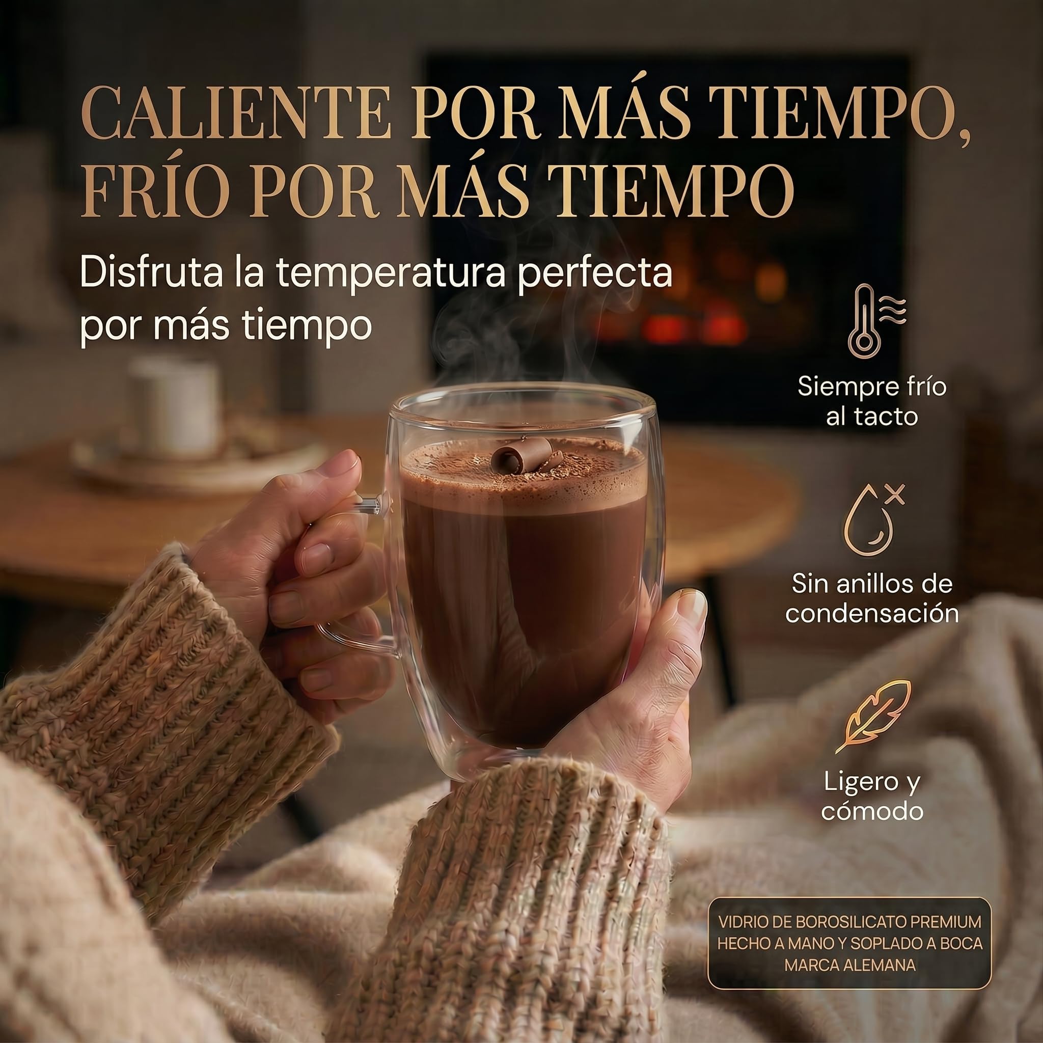 Dimono® Vasos de Doble Pared con Asa, 450 ml – Set de 6 | Vidrio borosilicato soplado a mano – efecto flotante – apto lavavajillas – ideal latte, cócteles y agua