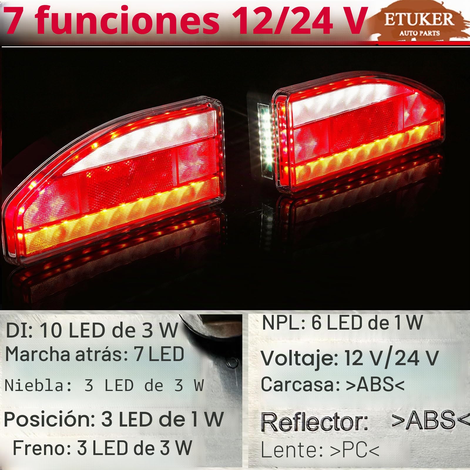 Pilotos Traseros Remolque 13pines LED 12/24V Homologados 7Funcione Luz Antiniebla/Piloto Marcha Atrás/Luces de Matrícula