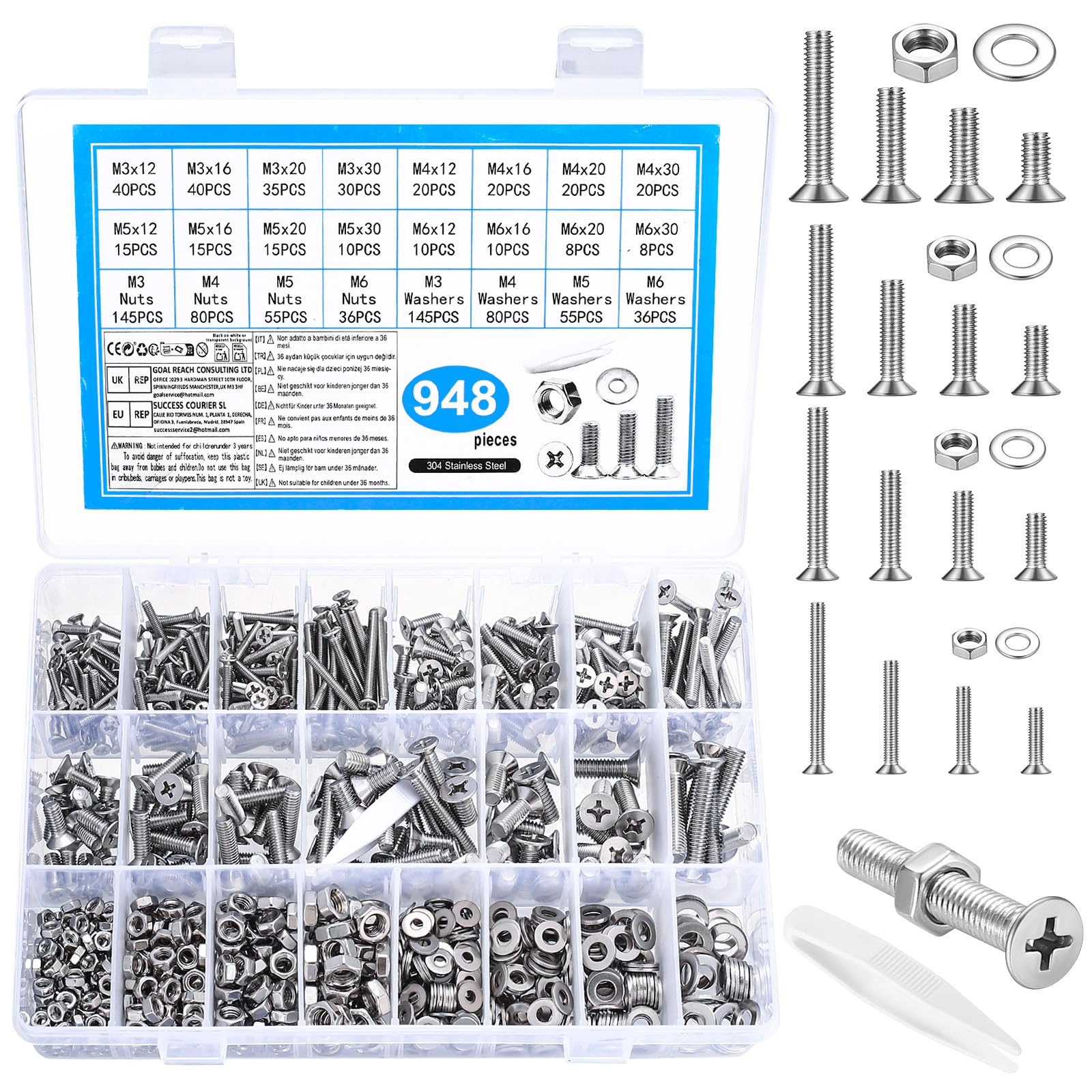 948 Pcs M2 M3 M4 M5 Screws Set, Countersunk Bolts and Nuts Set, Stainless Steel Nuts and Bolts Assortment, Corss Flat Head Machine Screws with Washers